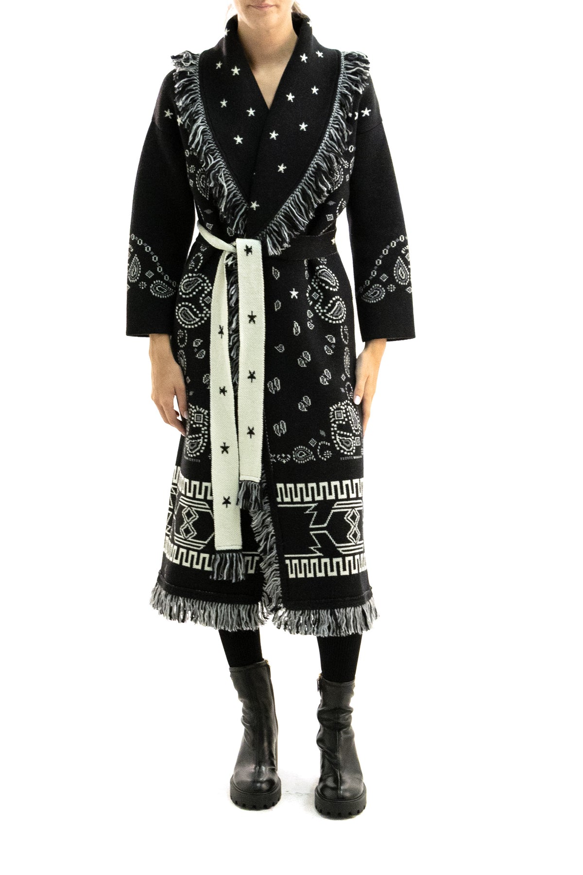 ALANUI Long Jacquard Bandana Wool Cardigan, Black, view 2