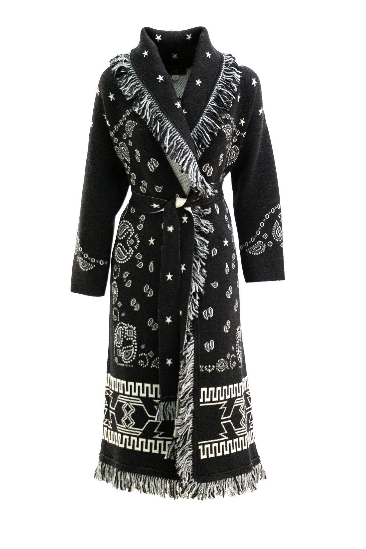 ALANUI Long Jacquard Bandana Wool Cardigan, Black