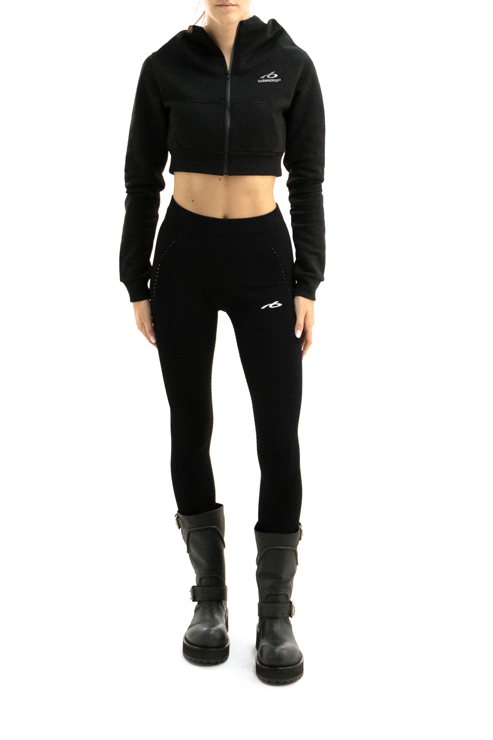 Felpa con cappuccio crop in pile dry di colore nero<BR/> A0024R TUVQ5 1000 BALENCIAGA