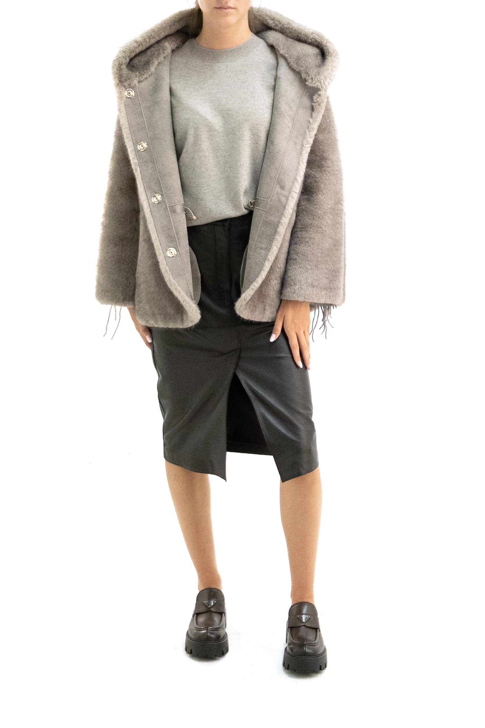 Caban in Faux-Fur con Cappuccio<BR/> BA26-7363 TAUPE BULLY