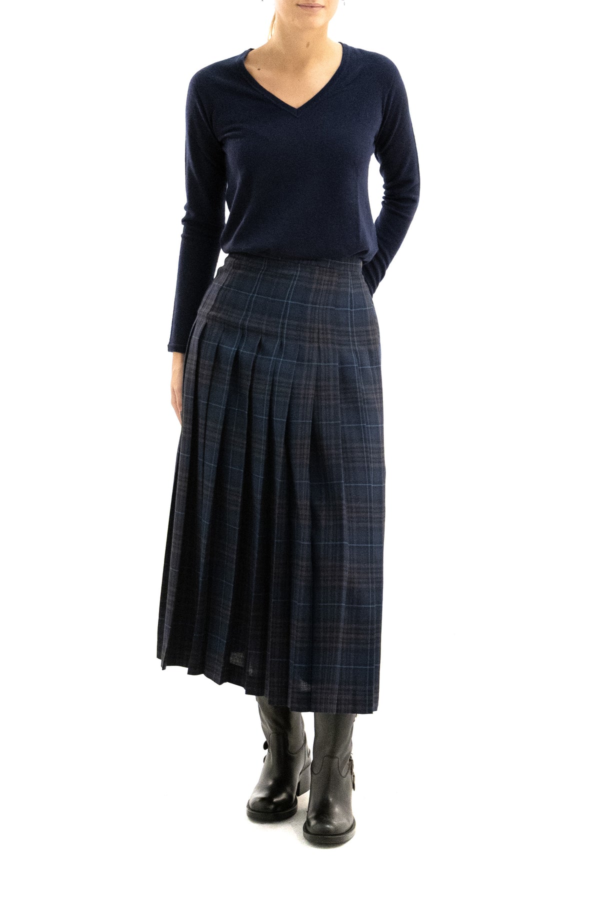 BURBERRY Gonna in misto lana Check con pieghe di colore blu, vista 2