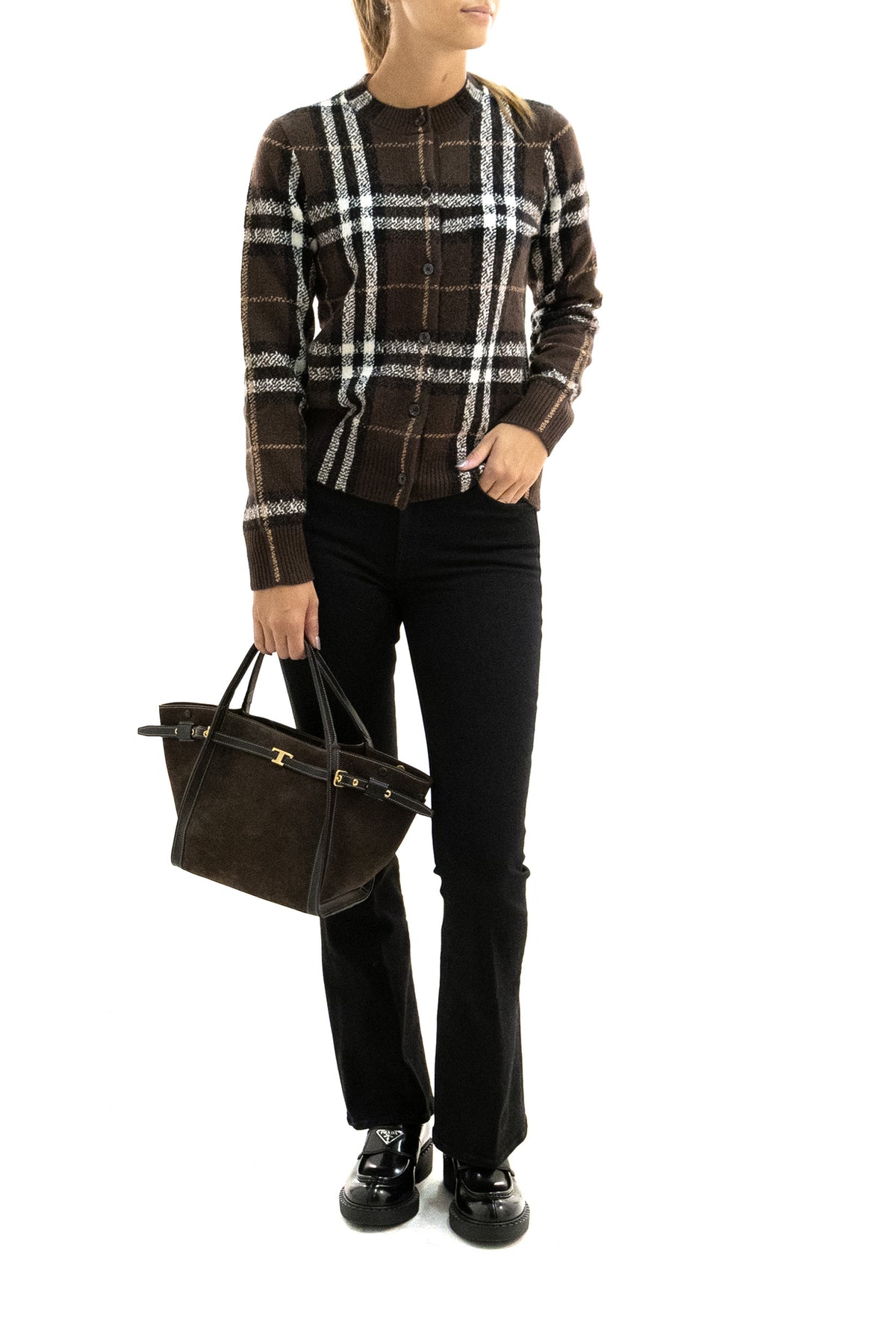 BURBERRY Cardigan check in cashmere di colore marrone, vista 2