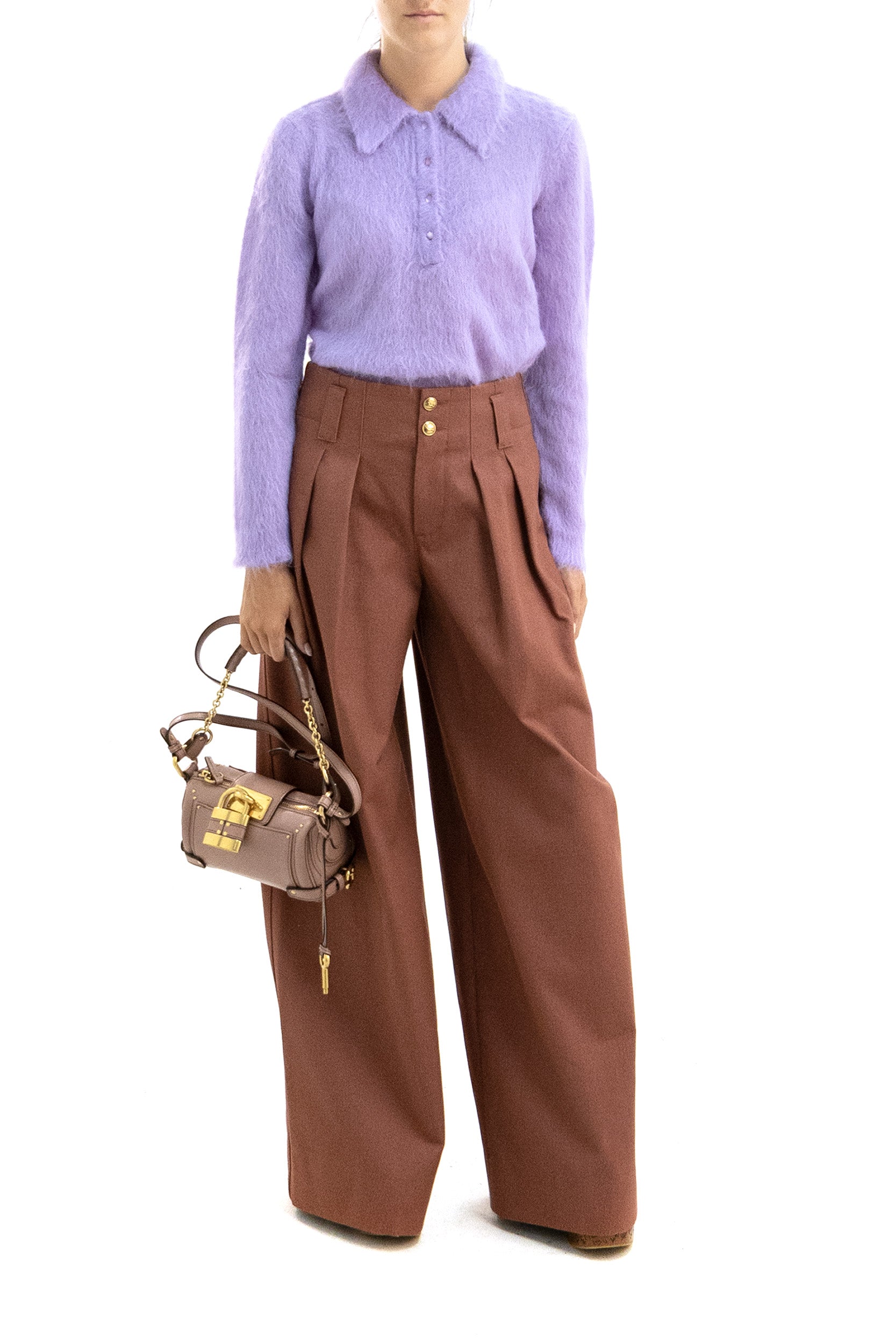CHLOE' Polo in Maglia di Misto Lana d'Alpaca, Viola, vista 2