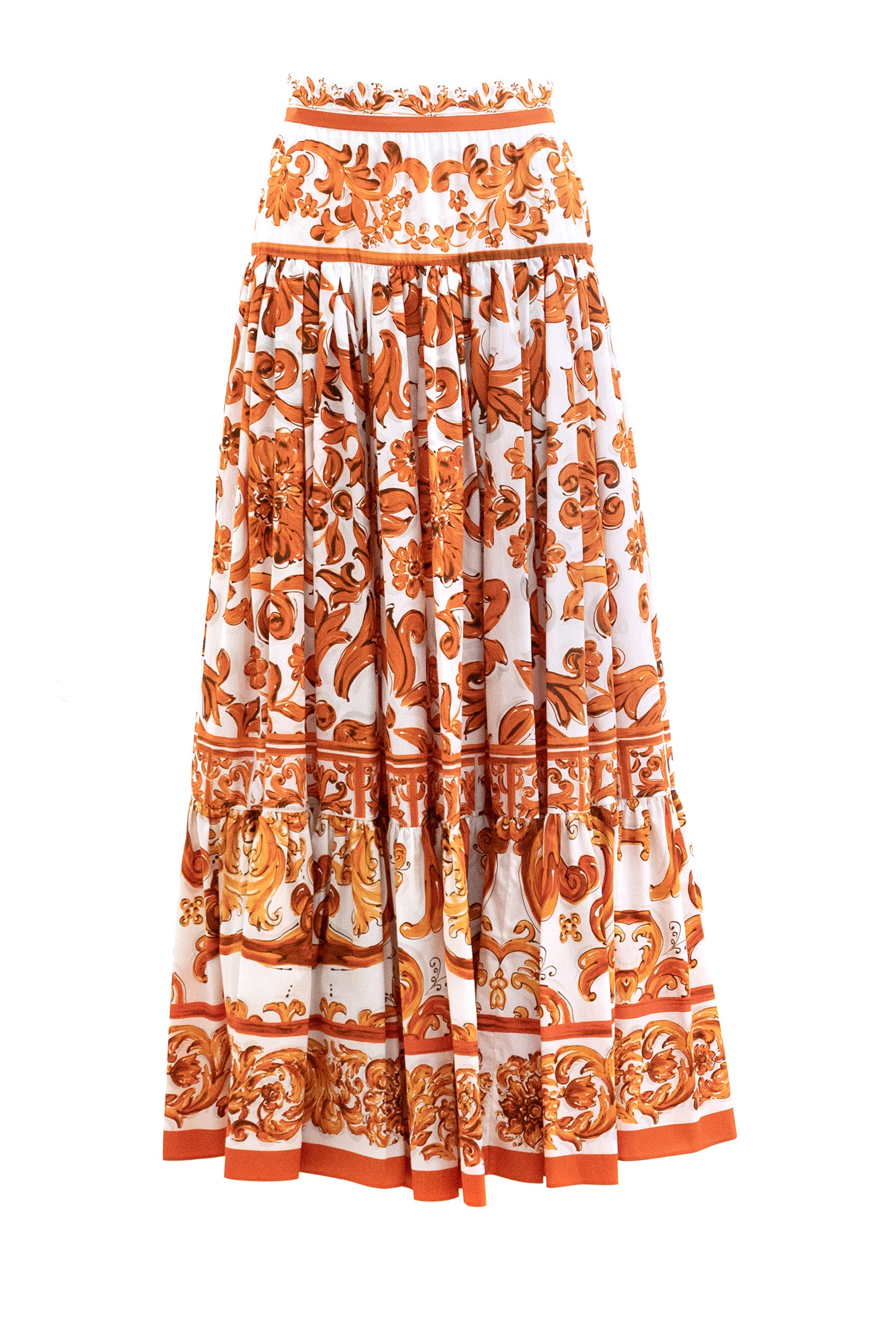 Gonna in popeline con stampa Maiolica di colore bianco e arancione<BR/> F4CB1T GDDRL S9000 DOLCE & GABBANA