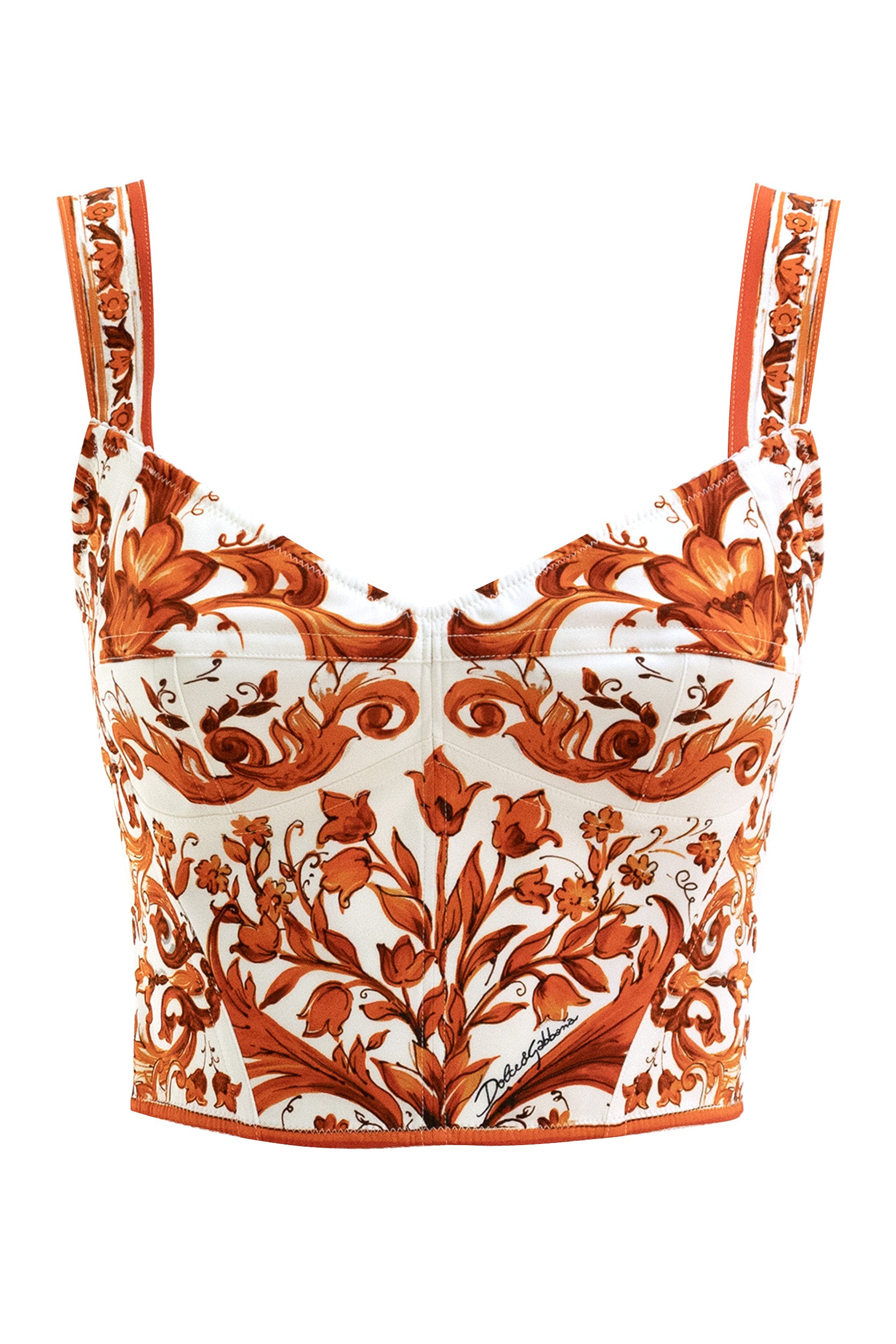Top bustier in charmeuse con stampa Maiolica di colore bianco e arancione<BR/> F7BB1T GDDRJ S9000 DOLCE & GABBANA