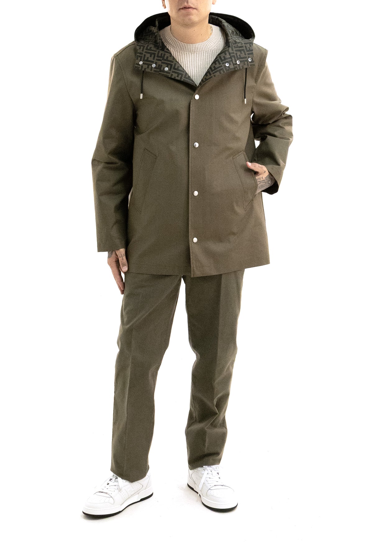 FENDI Parka in tessuto Mackintosh color verde oliva, Marrone/verde, vista 2