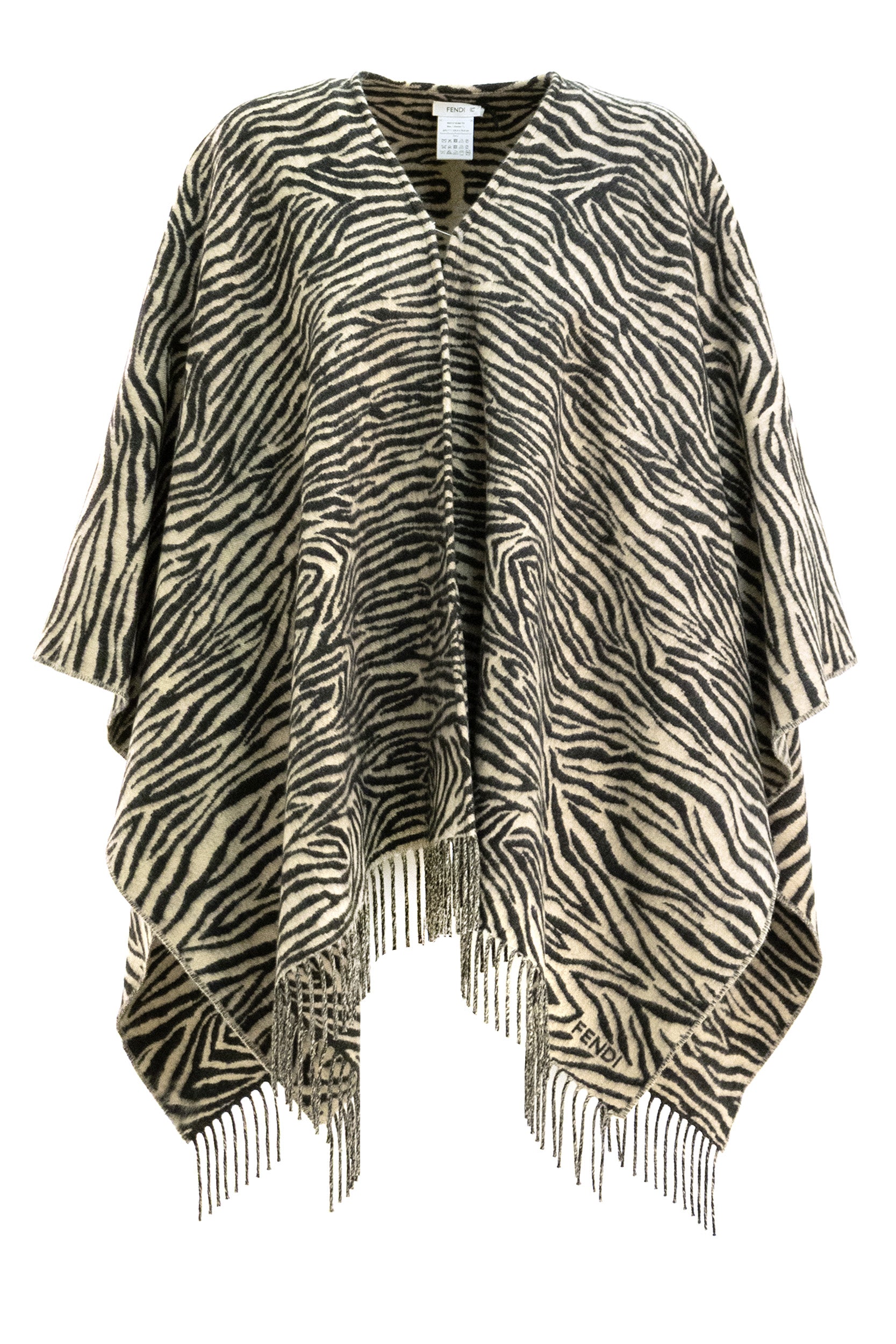 FENDI Wool Poncho with Tiger Print, Beige