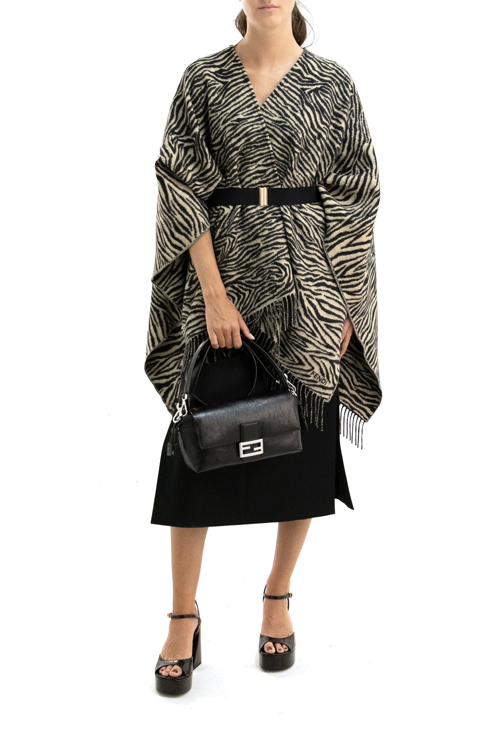 FENDI Wool Poncho with Tiger Print, Beige, view 2