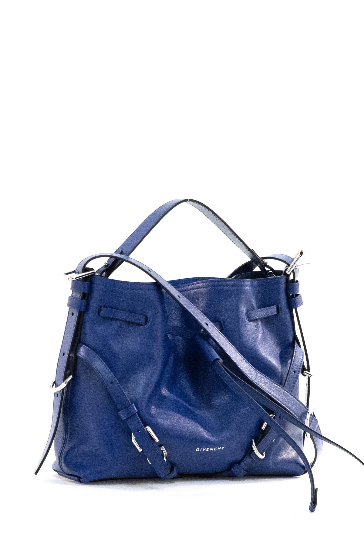 GIVENCHY Borsa Voyou Bucket piccola in pelle lucida di colore blu, vista 2