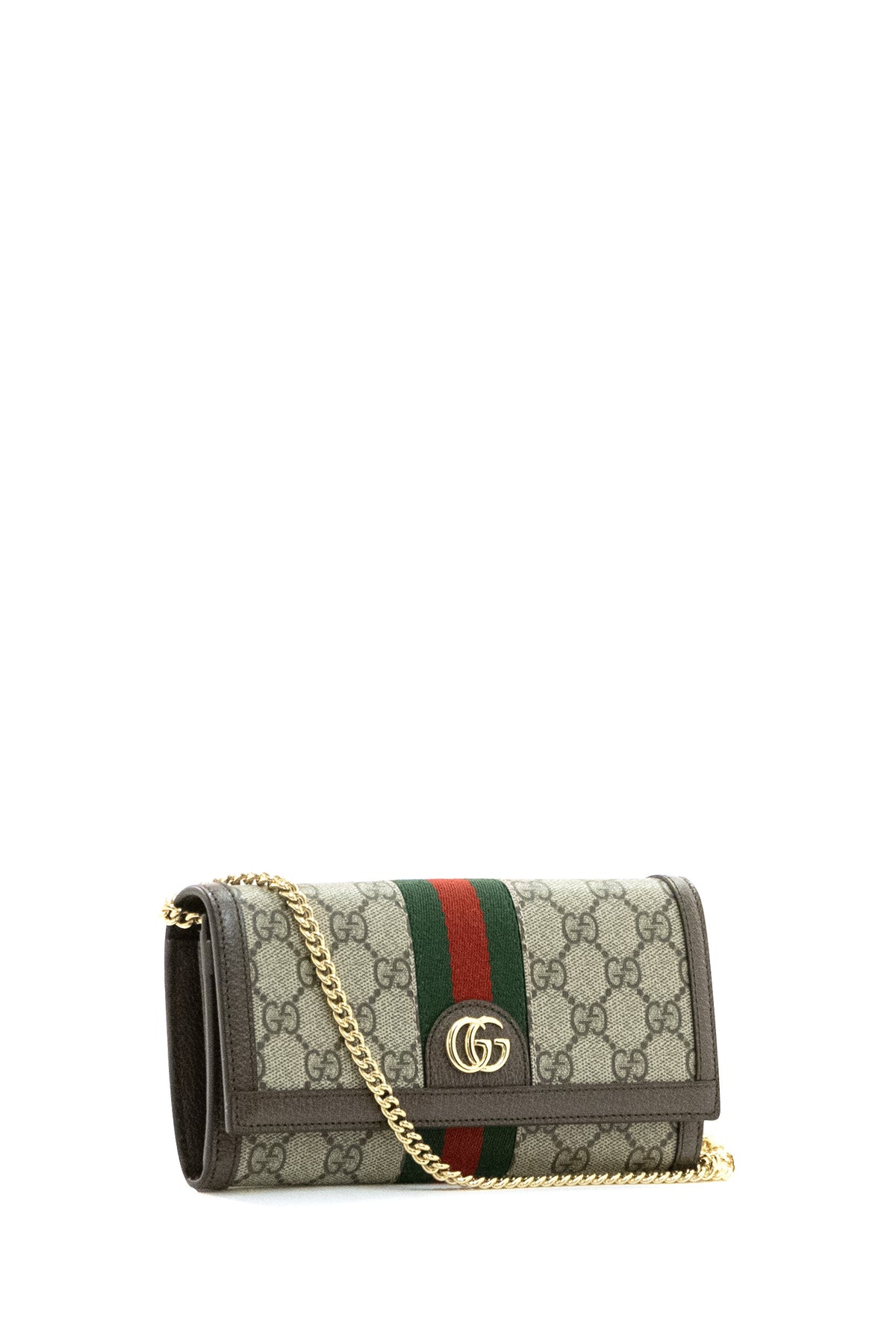 GUCCI Portafoglio Ophidia con catena in tessuto GG Supreme beige e marrone scuro, vista 2