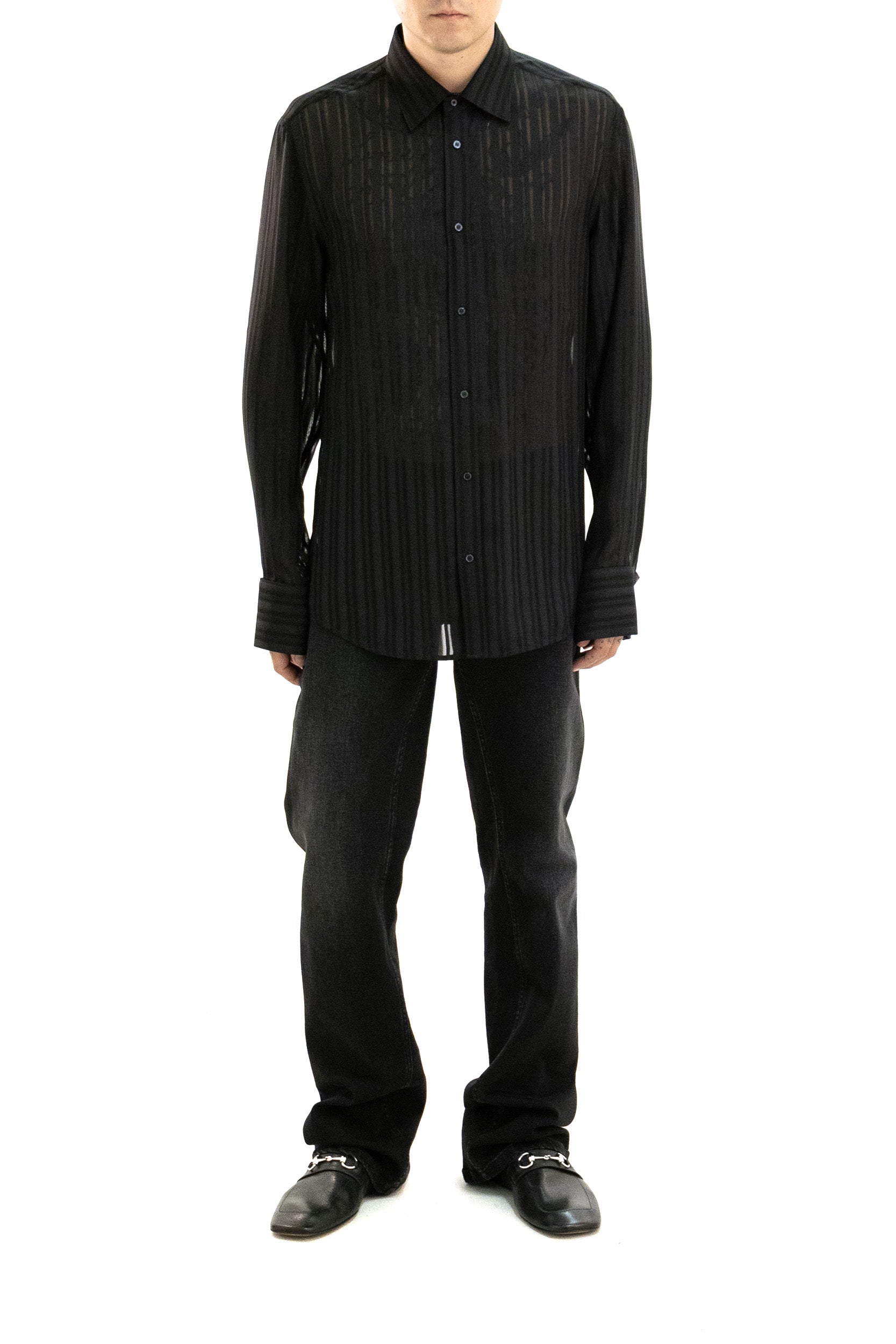 Camicia in garza di seta a righe di colore nero<BR/> 865801 ZAU2C 1000 GUCCI