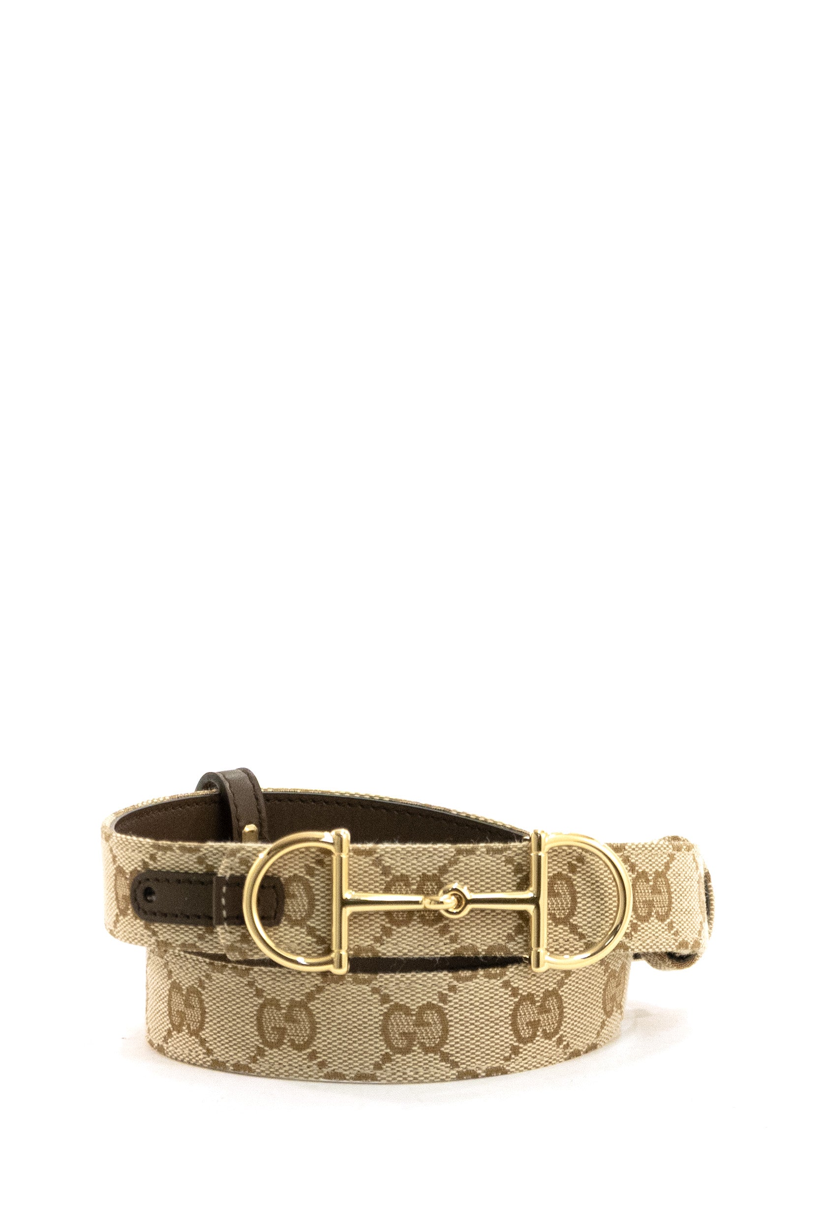 GUCCI Cintura Horsebit reversibile in tela GG e pelle di colore marrone
