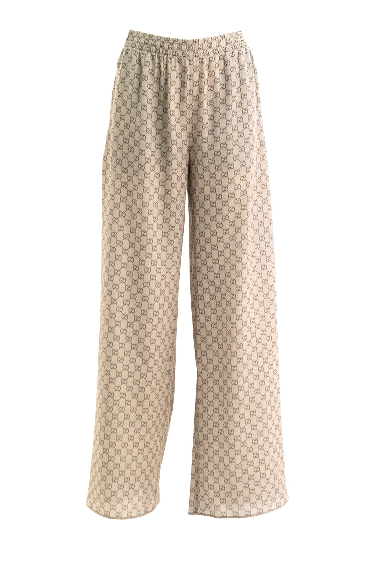 GUCCI Pantaloni in crêpe di seta GG beige e marrone