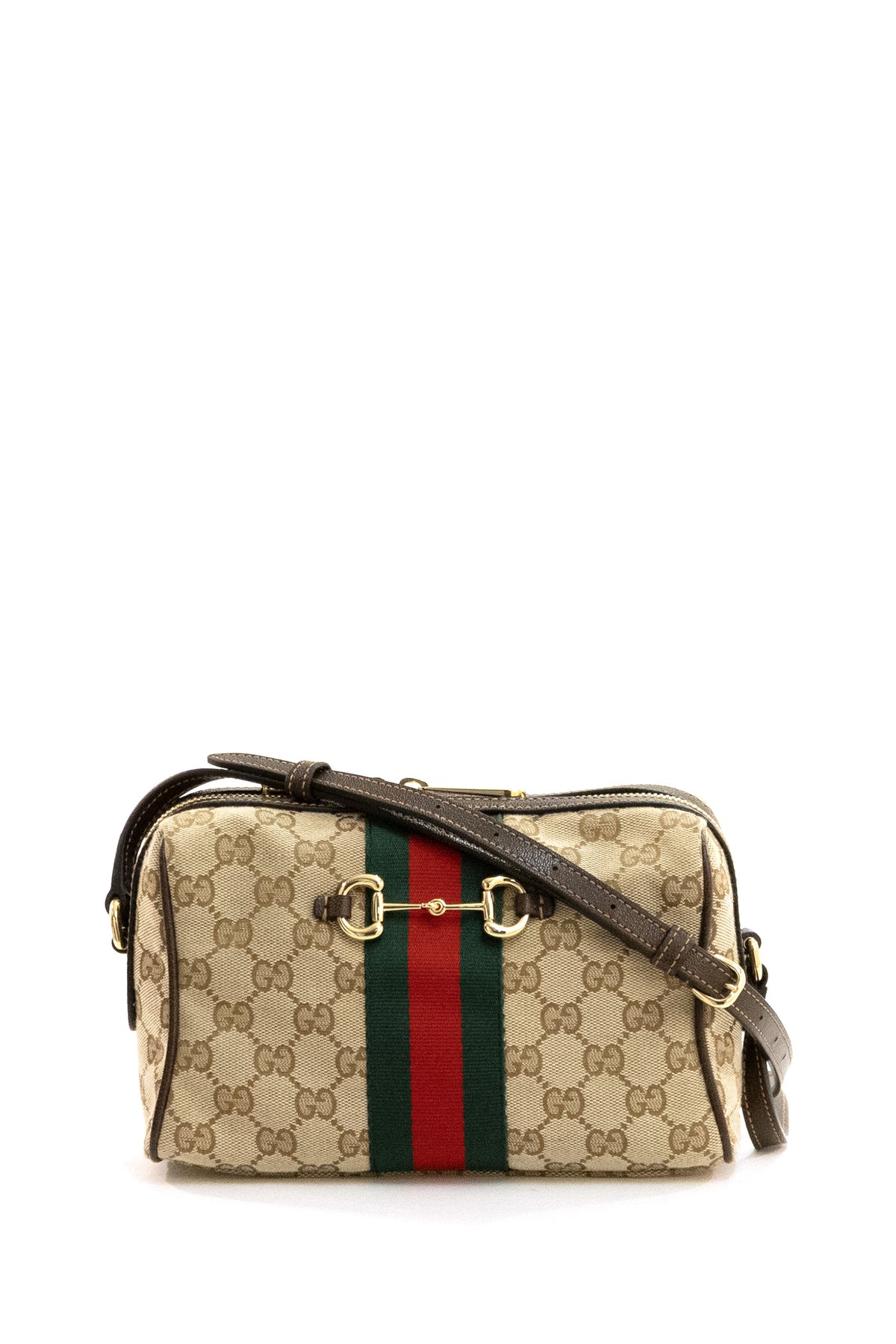 GUCCI Camera bag Gucci Horsebit Web in tessuto GG sabbia e marrone, Beige/marrone