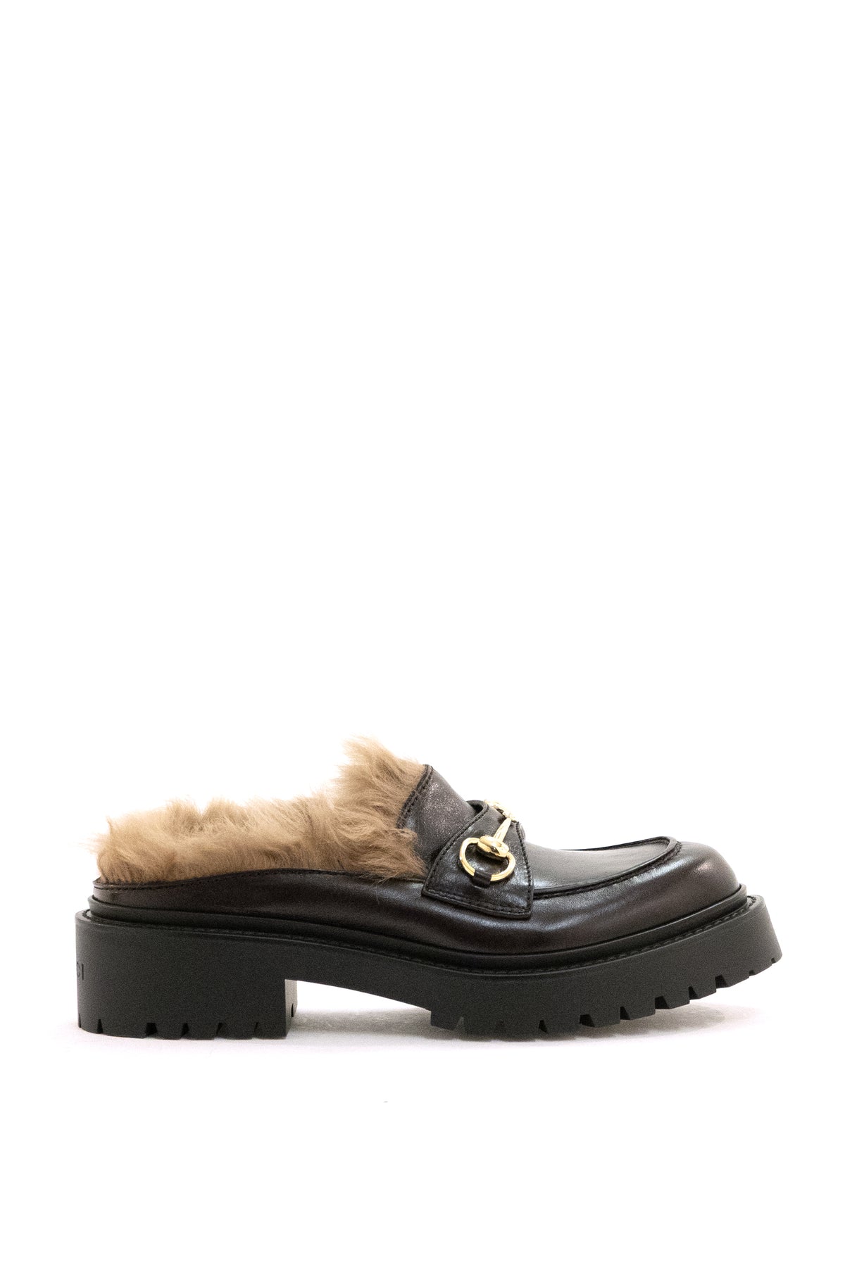 GUCCI Sabot in pelle e lana merino di colore marrone, Multi