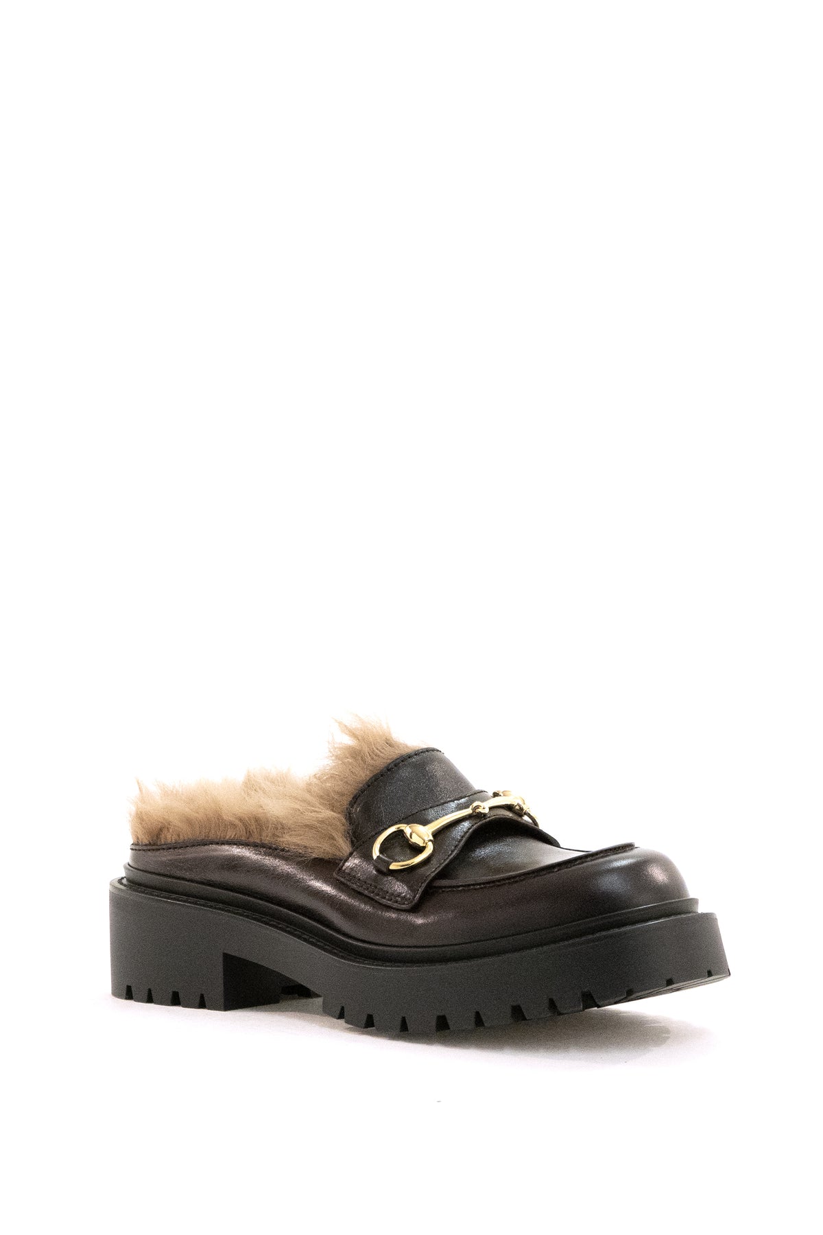 GUCCI Sabot in pelle e lana merino di colore marrone, Multi, vista 2