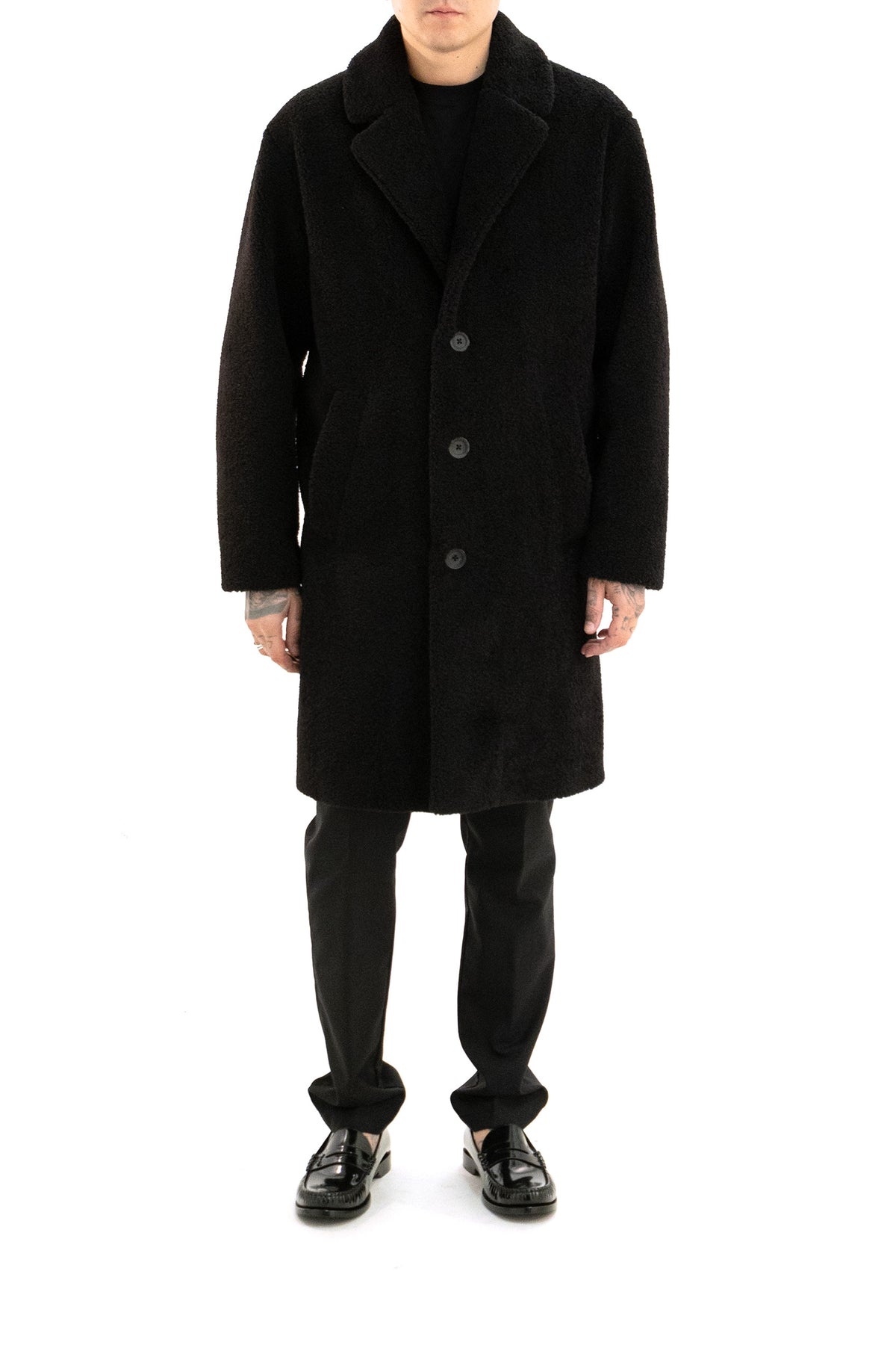 HERNO Cappotto monopetto in tessuto teddy color nero, vista 2