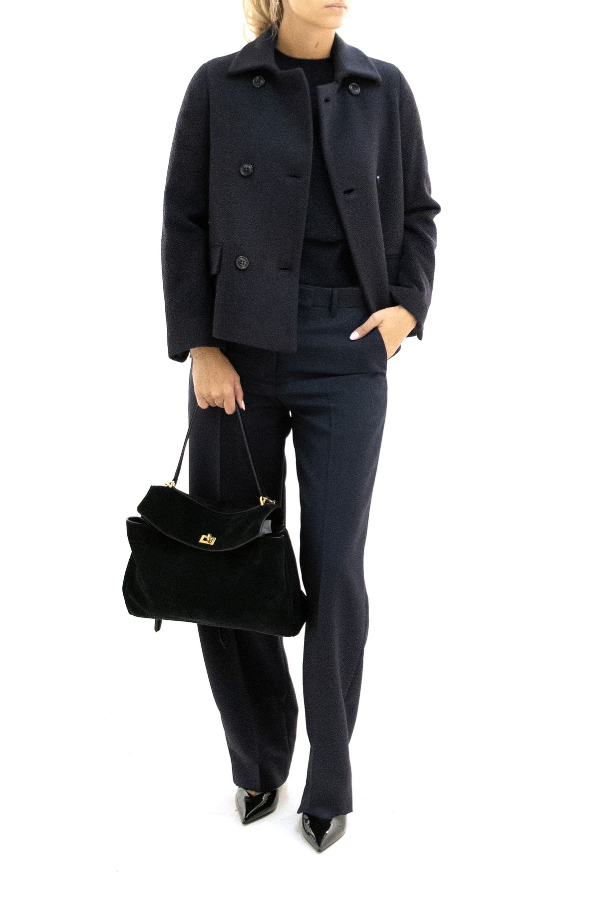 KILTIE Cappotto corto doppiopetto in lana di colore blu, vista 2