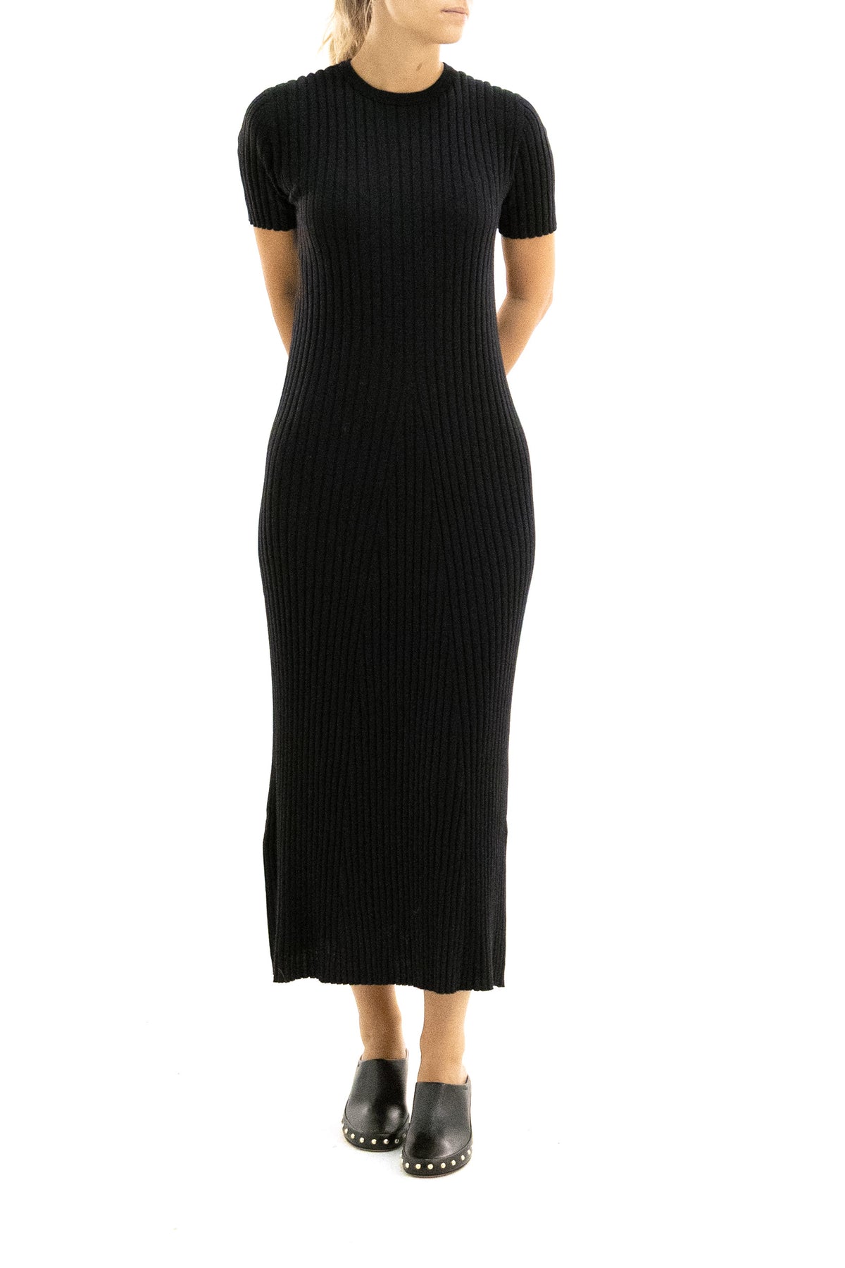 LISA YANG Abito lungo in cotone e cashmere a coste di colore nero, vista 2