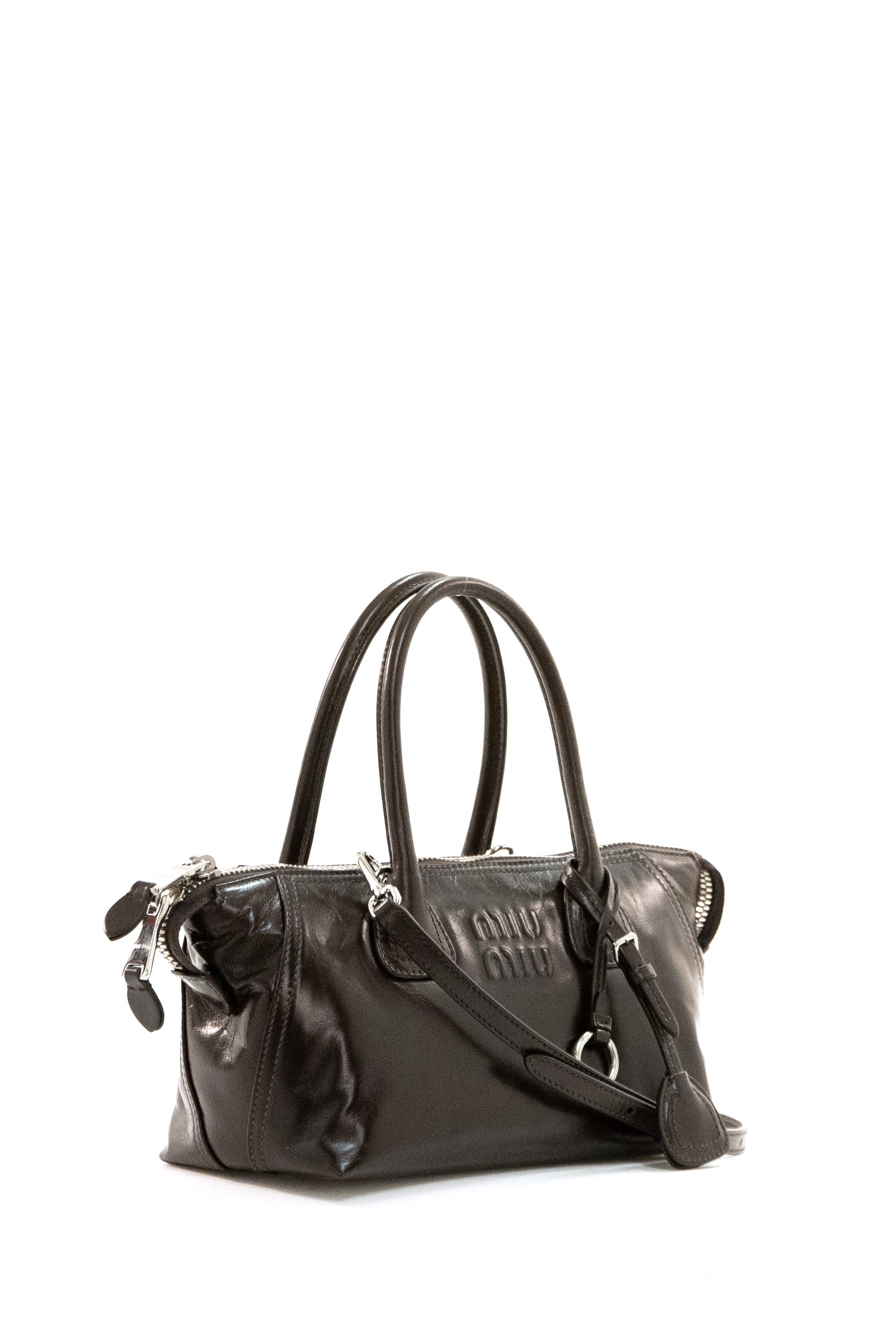 Borsa a mano in pelle lucida di colore marrone scuro<BR/> 5BA338 2A44 F0003 MIU MIU
