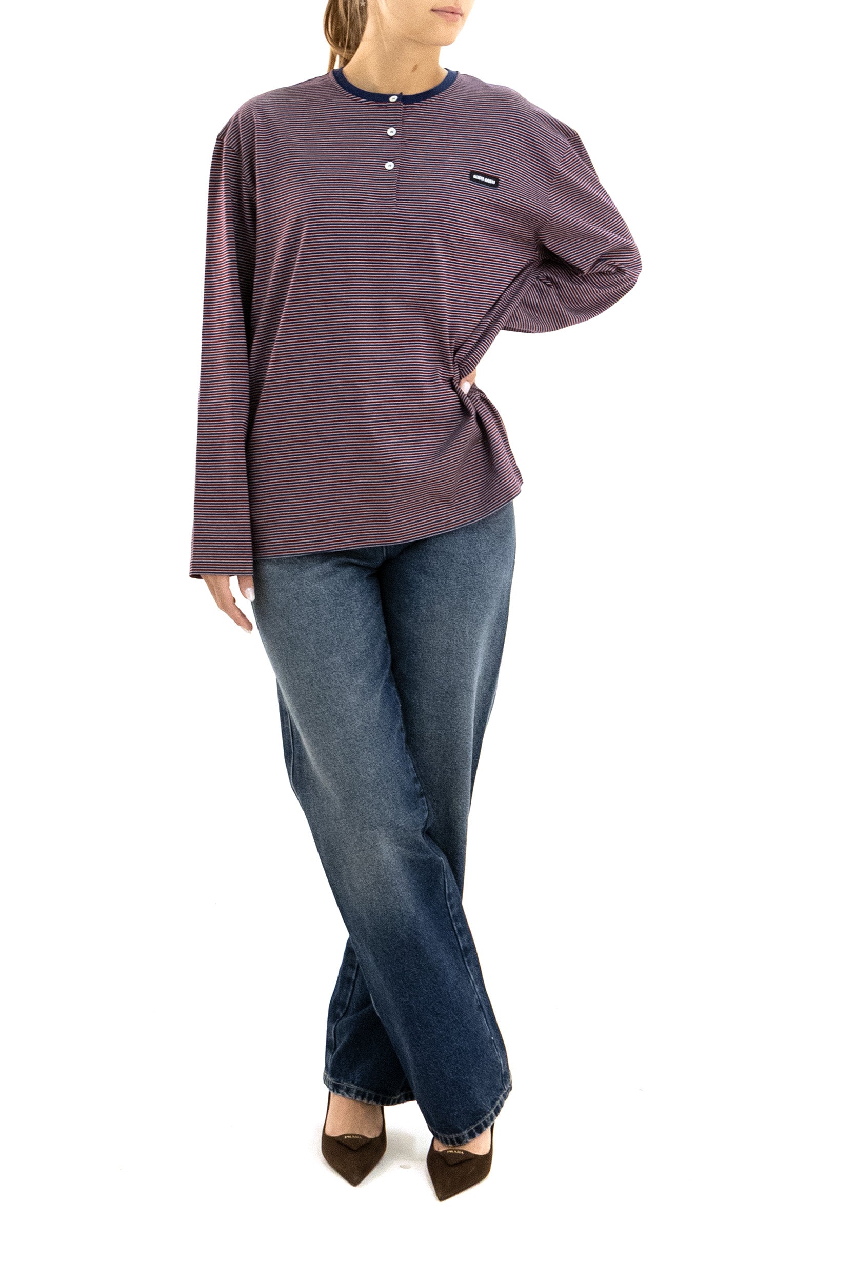T-shirt in jersey a righe di colore blu e rosso<BR/> MJLA72 S OOO 14RT F05OP MIU MIU
