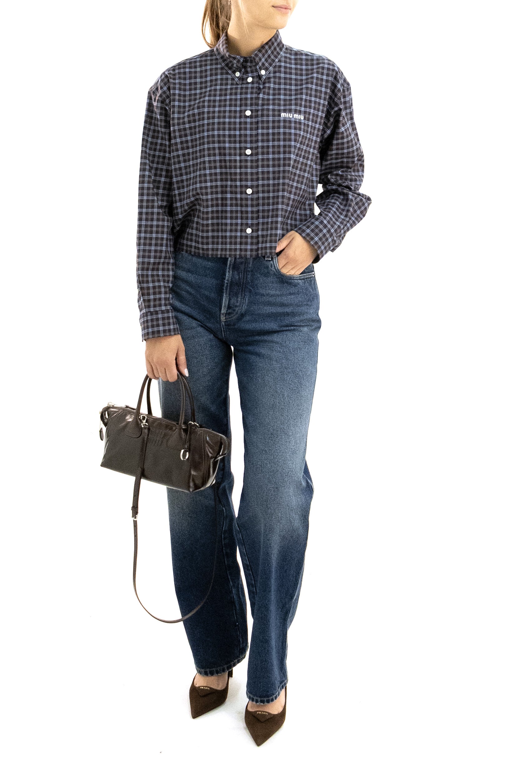 Camicia in tartan di colore blu e marrone<BR/> MK1659 S OOO 19U3 F057W MIU MIU