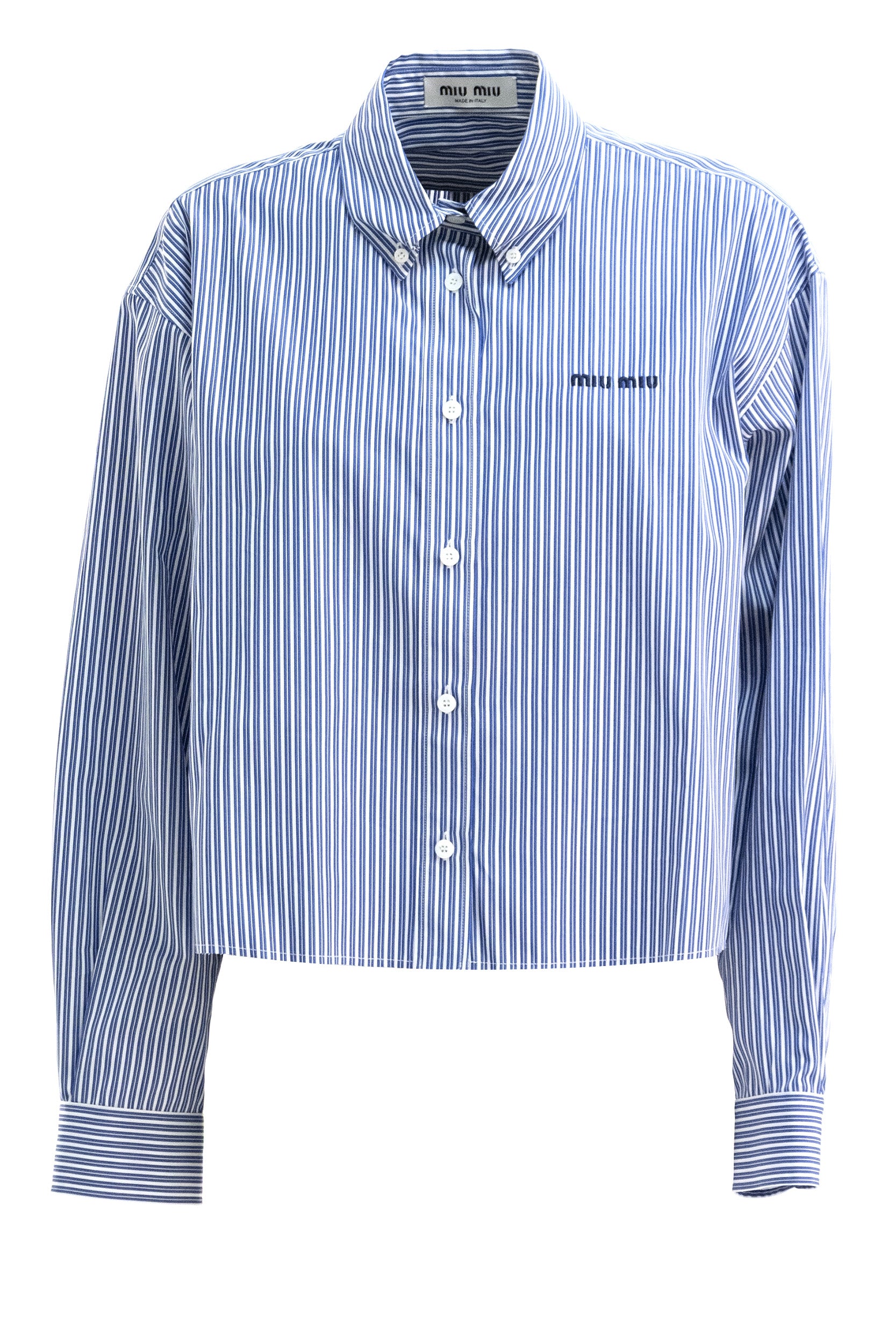 Camicia in cotone a righe di colore bianco e blu<BR/> MK2047 S OOO 195D F098Z MIU MIU