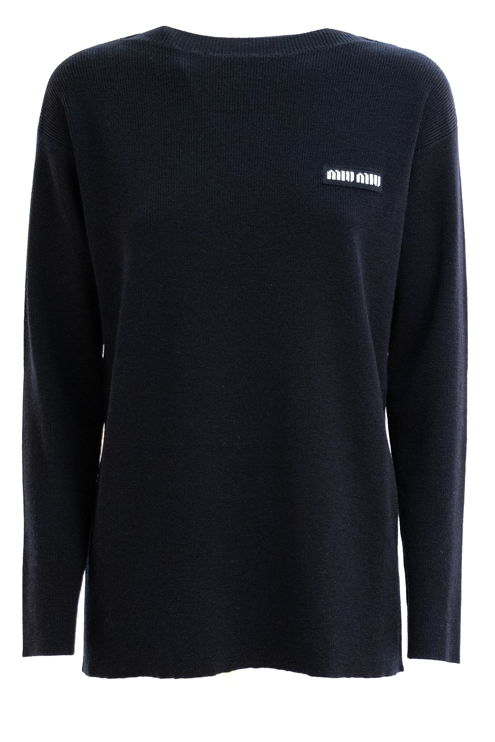 Pullover in lana a coste sottili di colore blu<BR/> MML06W S OOO 1903 F0008 MIU MIU