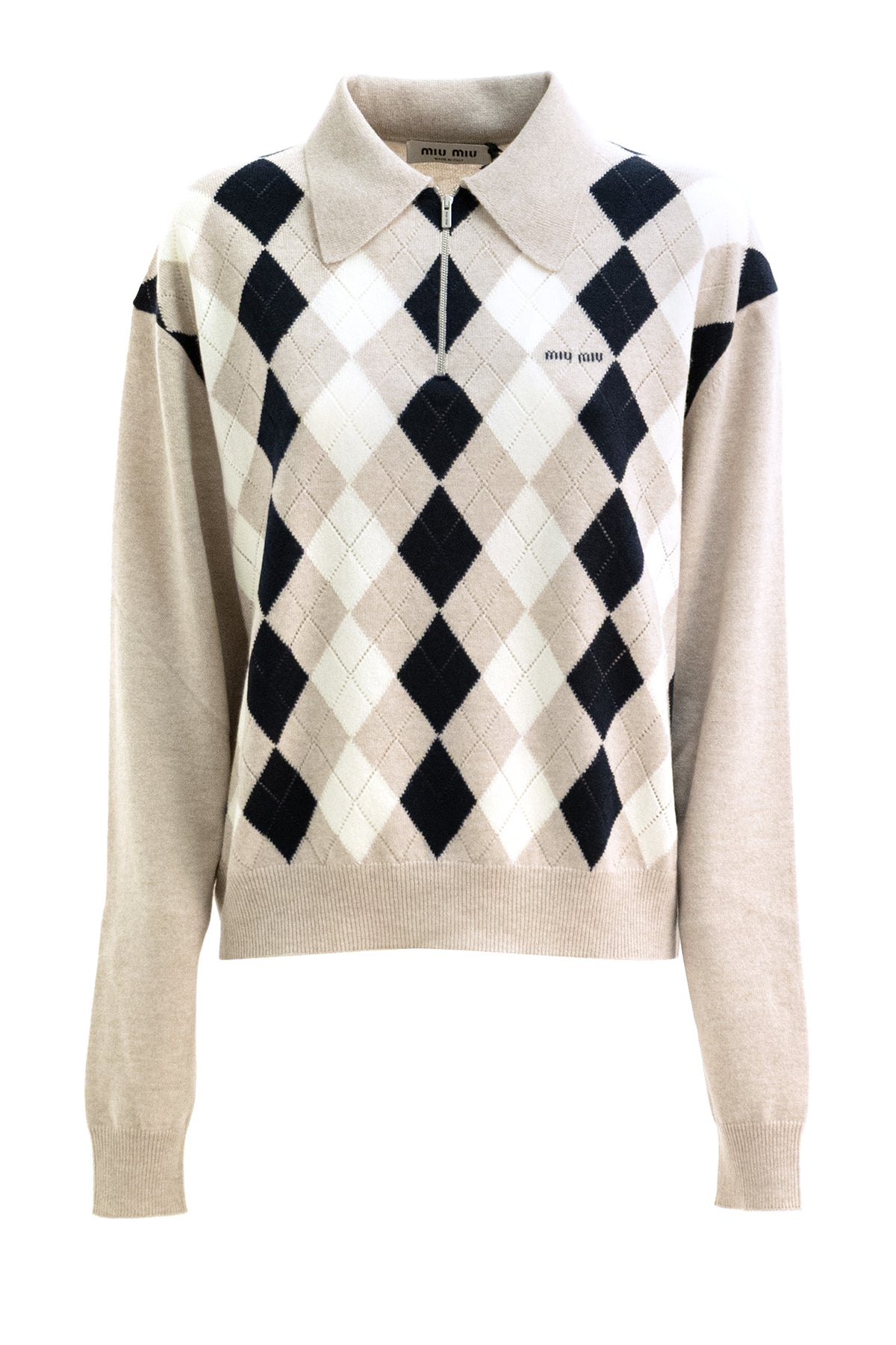 MIU MIU Beige argyle cashmere polo shirt