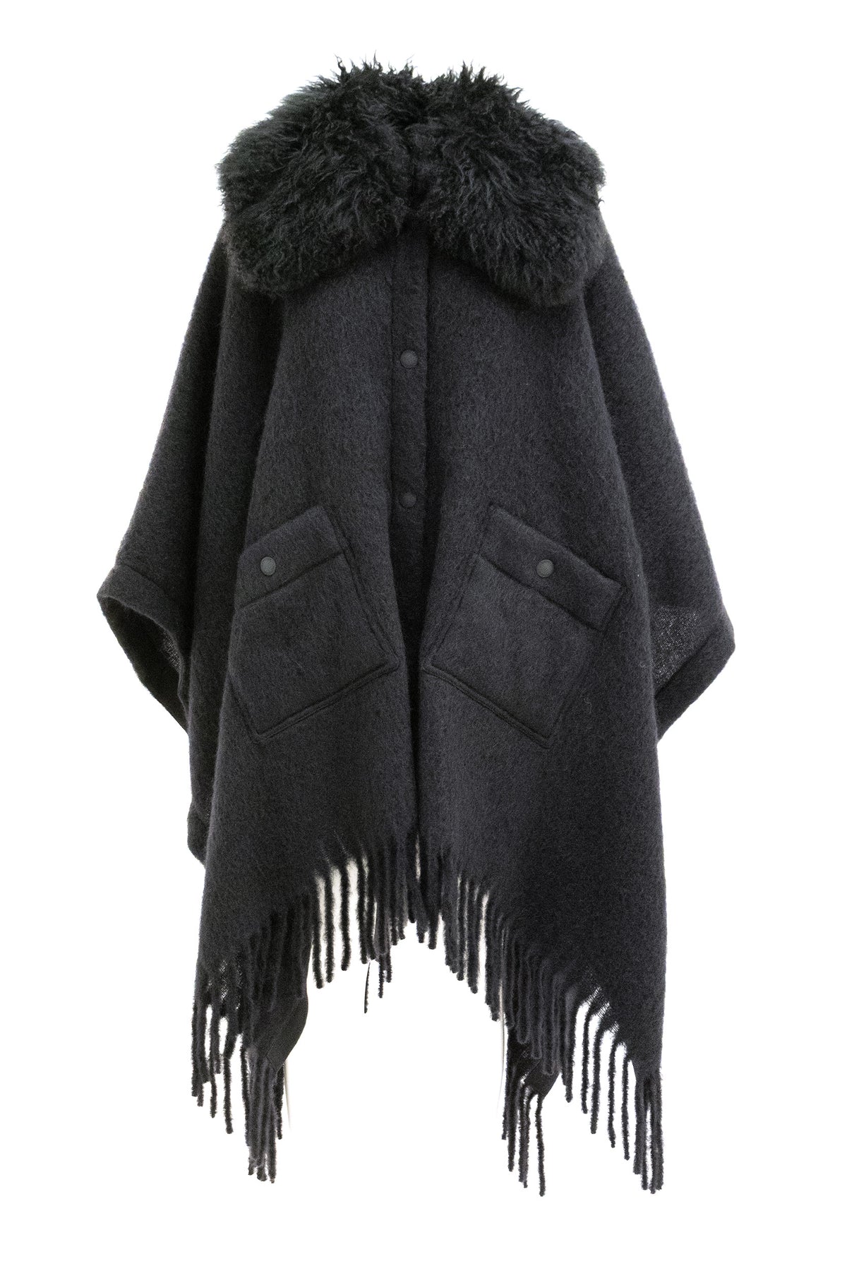 MONCLER GRENOBLE Mantella in misto mohair, alpaca e lana nera con collo in shearling, Black