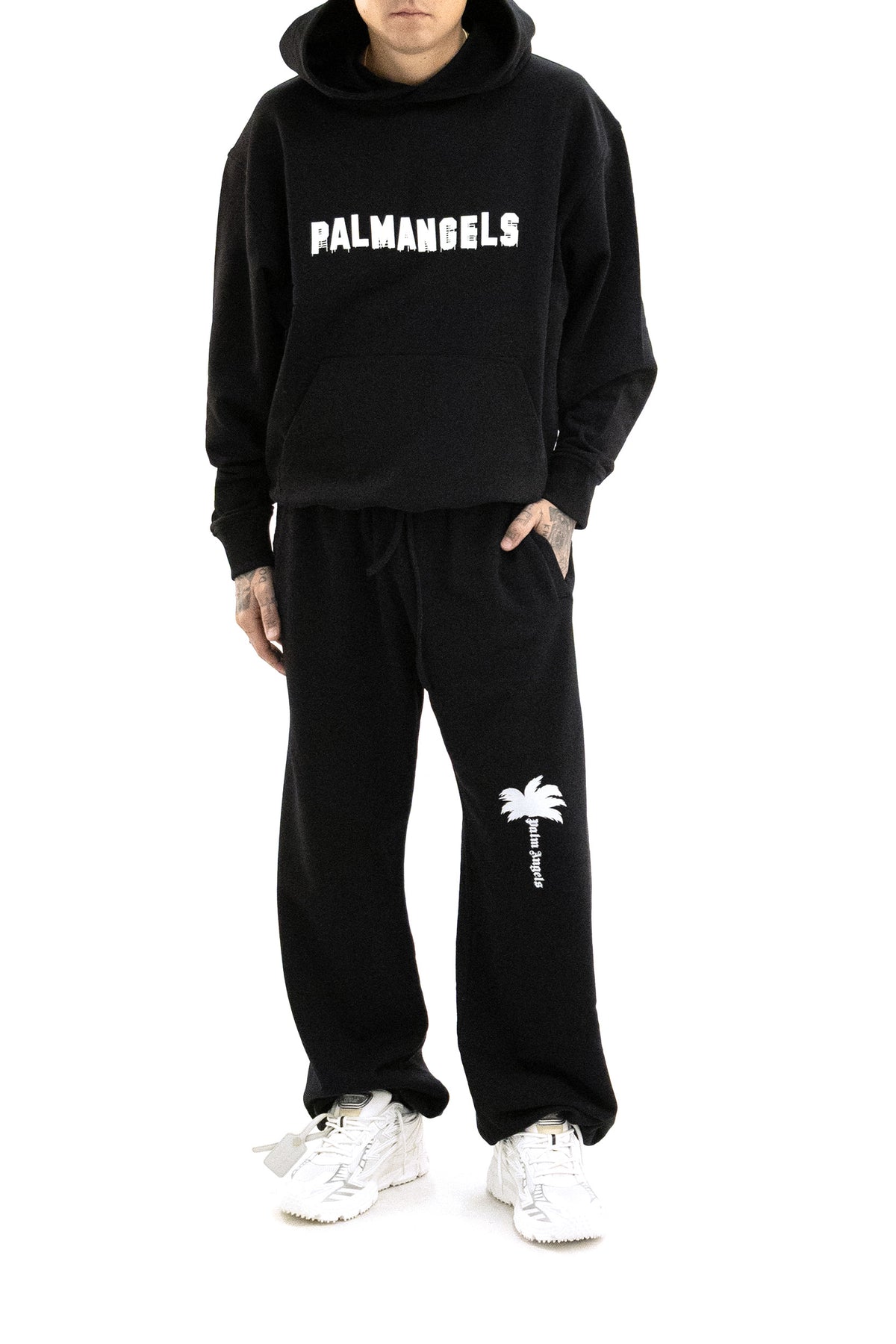PALM ANGELS Pantaloni jogging in cotone di colore nero, Nero/bianco, vista 2