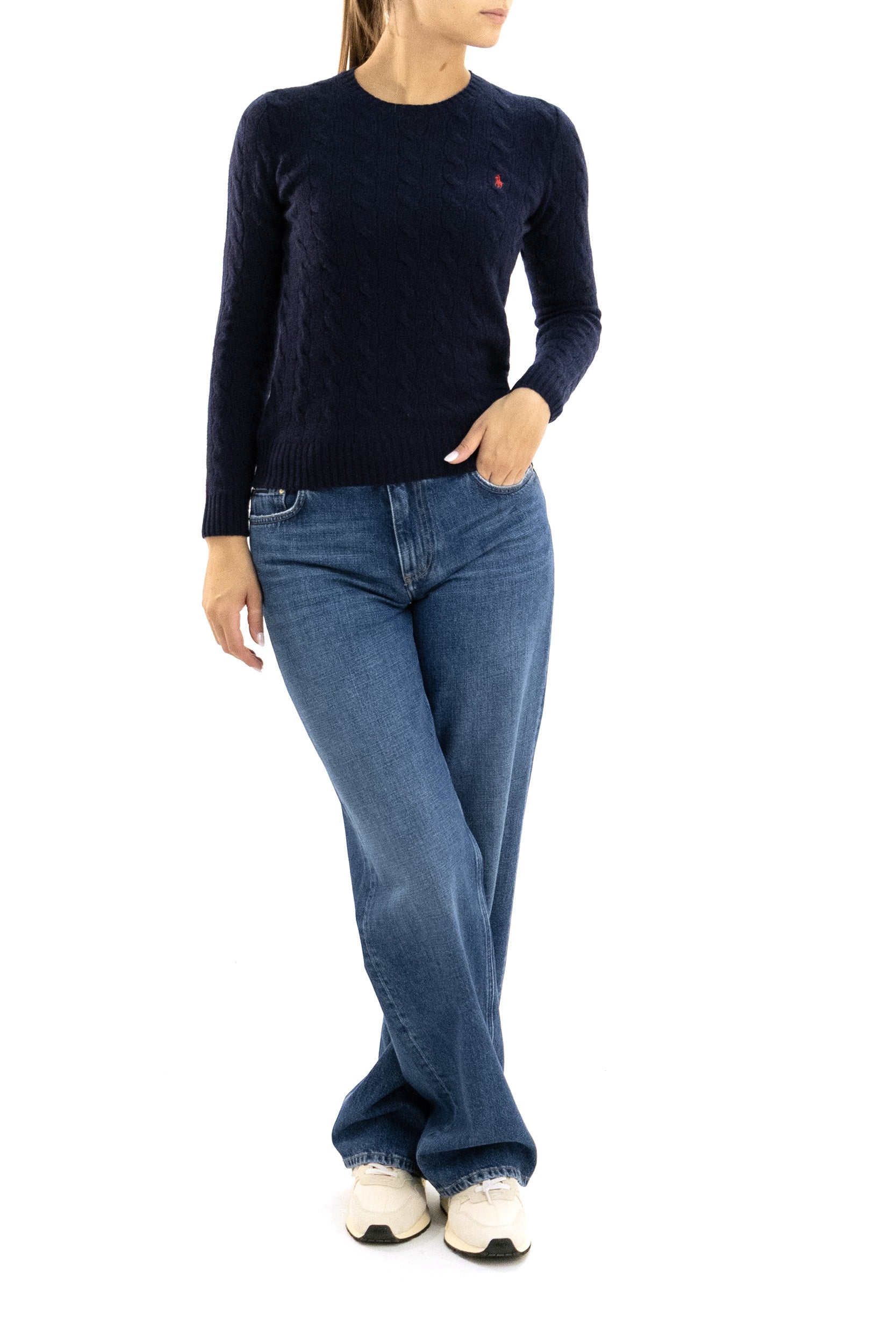 Pullover a trecce in lana e cashmere di colore blu <BR/> 211971865003 NAVY POLO RALPH LAUREN