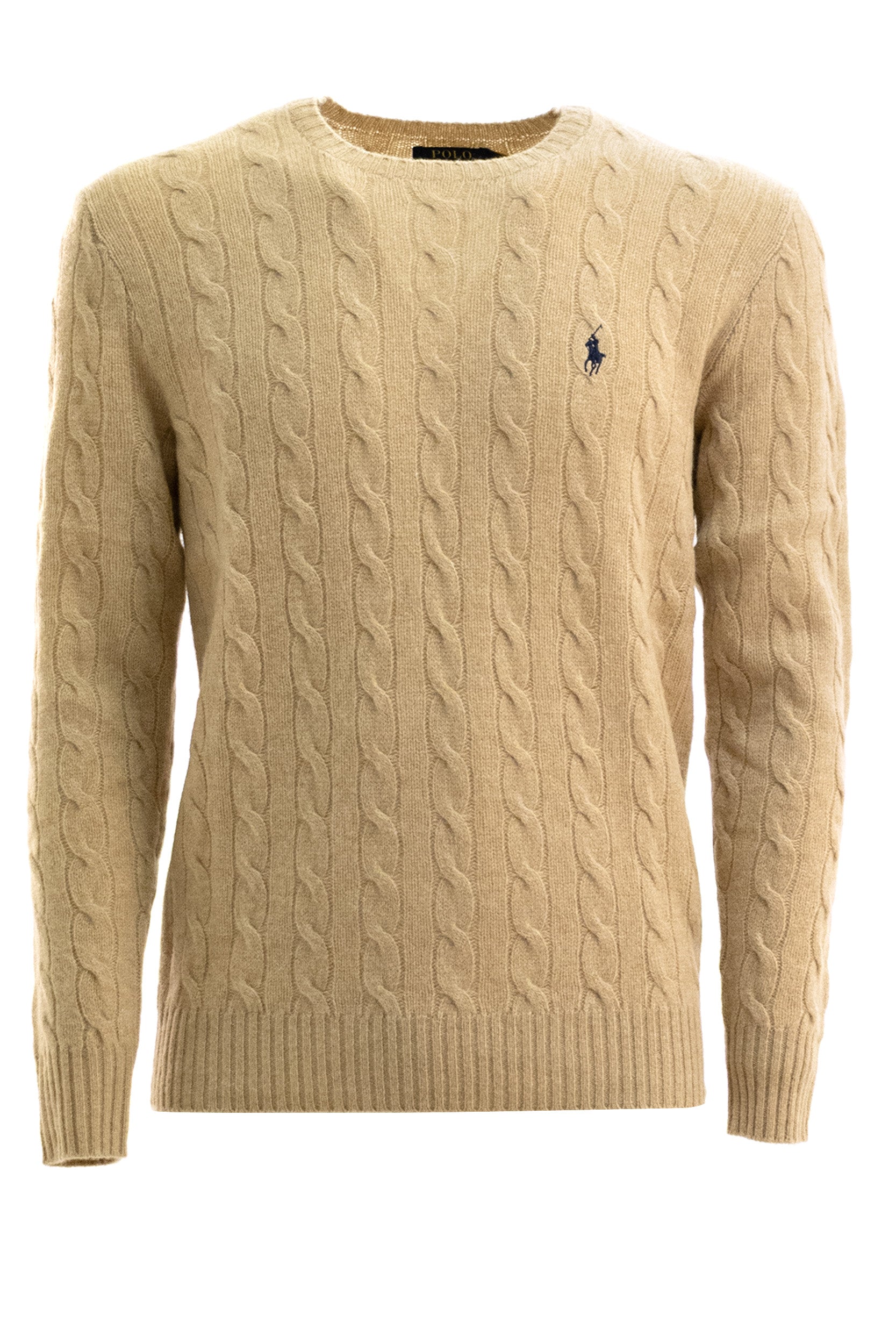 Maglia a trecce in lana e cashmere di colore cammello<BR/> 710876762009 CAMEL MELANGE POLO RALPH LAUREN