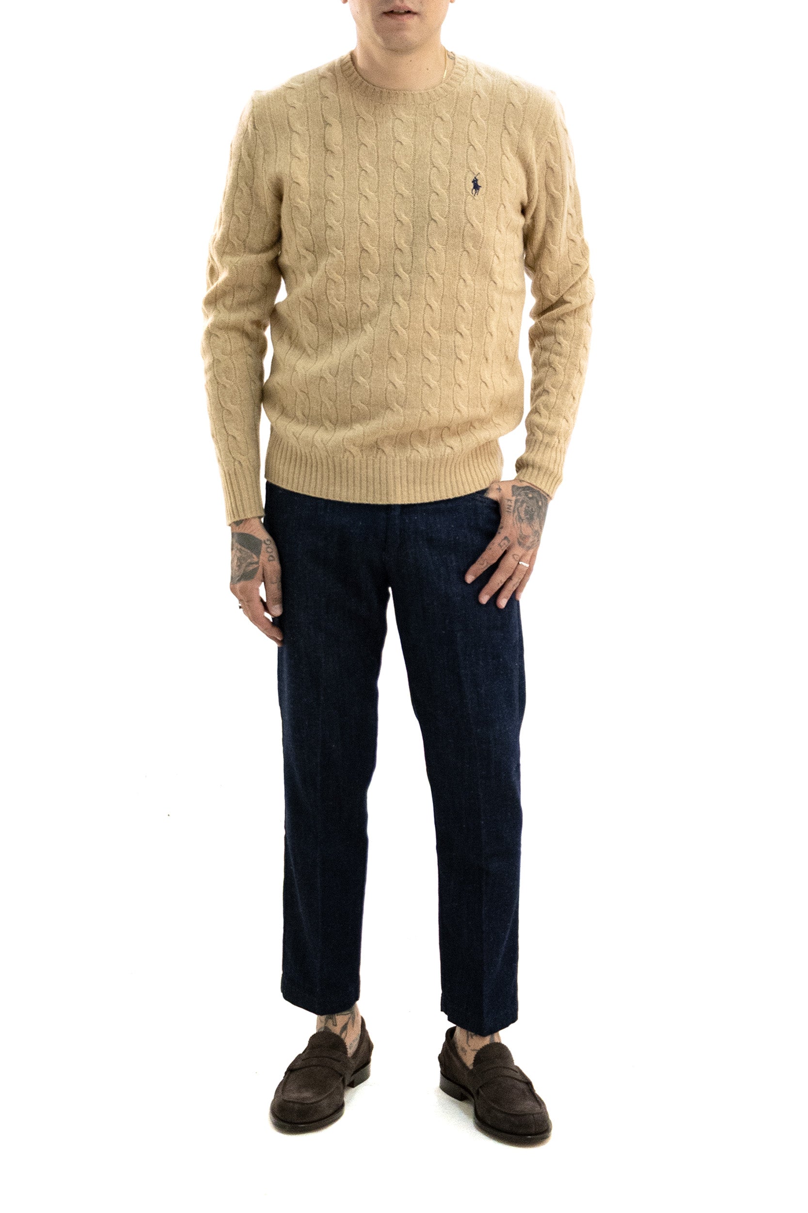 Maglia a trecce in lana e cashmere di colore cammello<BR/> 710876762009 CAMEL MELANGE POLO RALPH LAUREN