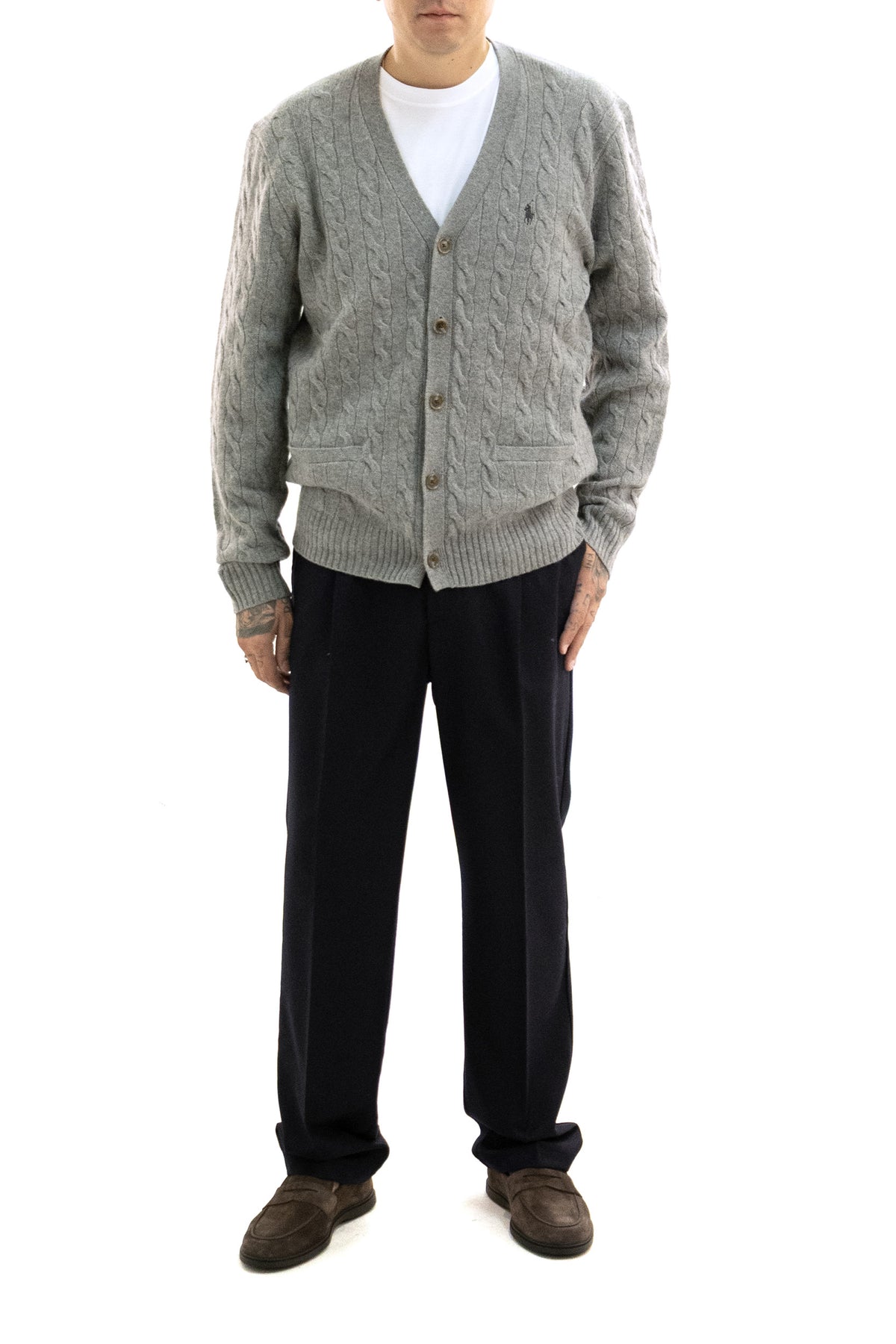 POLO RALPH LAUREN Cardigan a trecce in lana e cashmere di colore grigio, vista 2