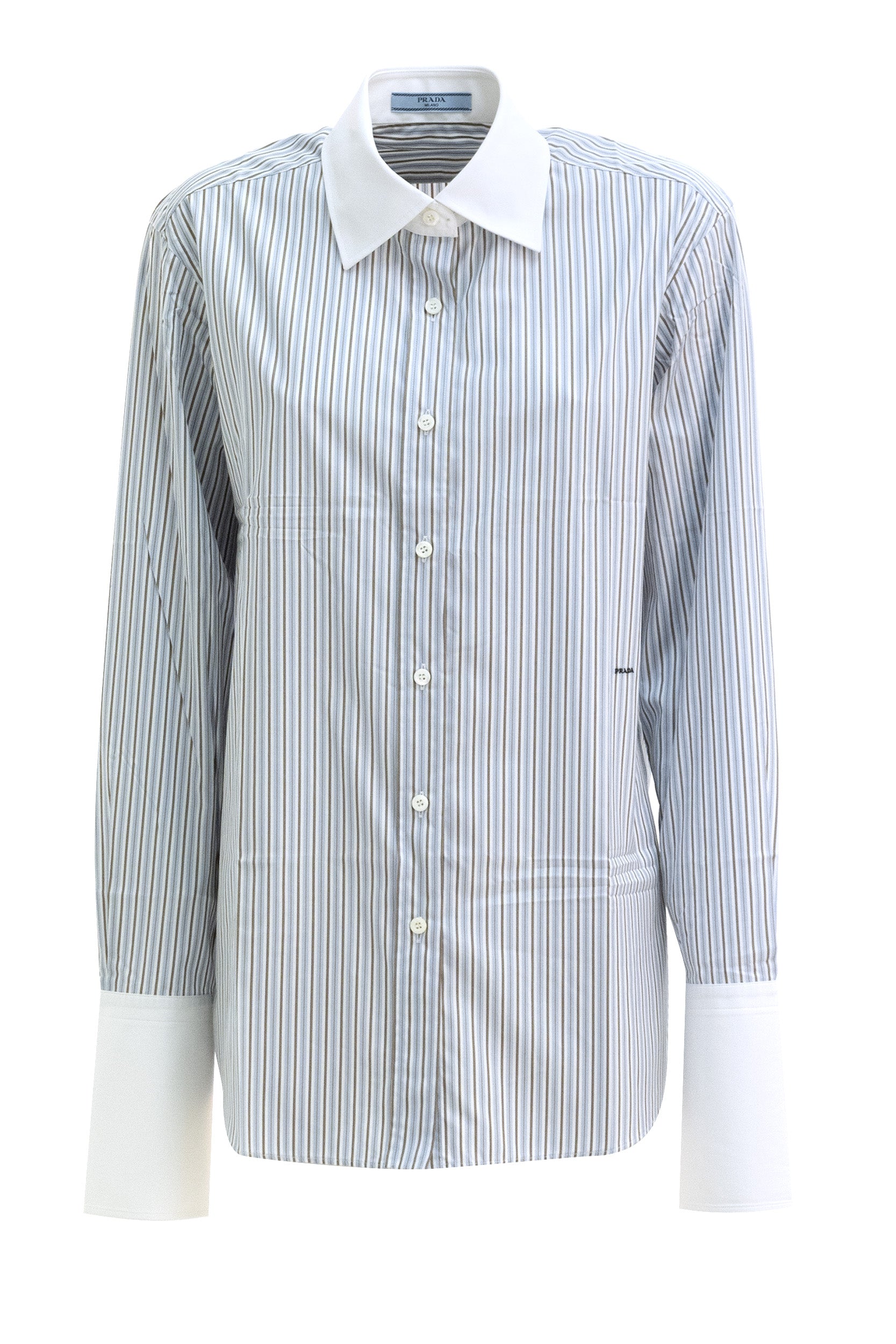 Camicia in cotone a righe di colore azzurro e bianco<BR/> P465JR S OOO 1H1K F0012 PRADA