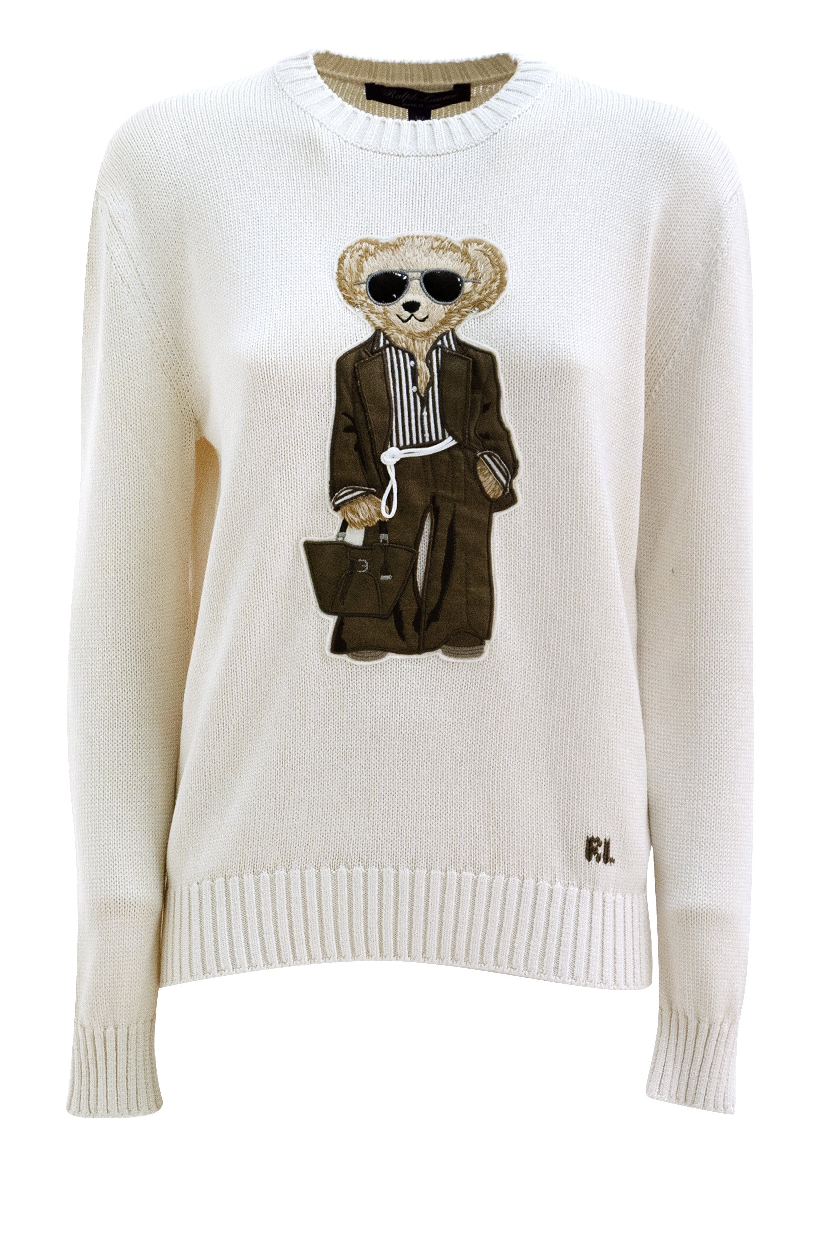 Pullover Polo Bear in seta color avorio<BR/> 290P18160001 LUX CREAM RALPH LAUREN