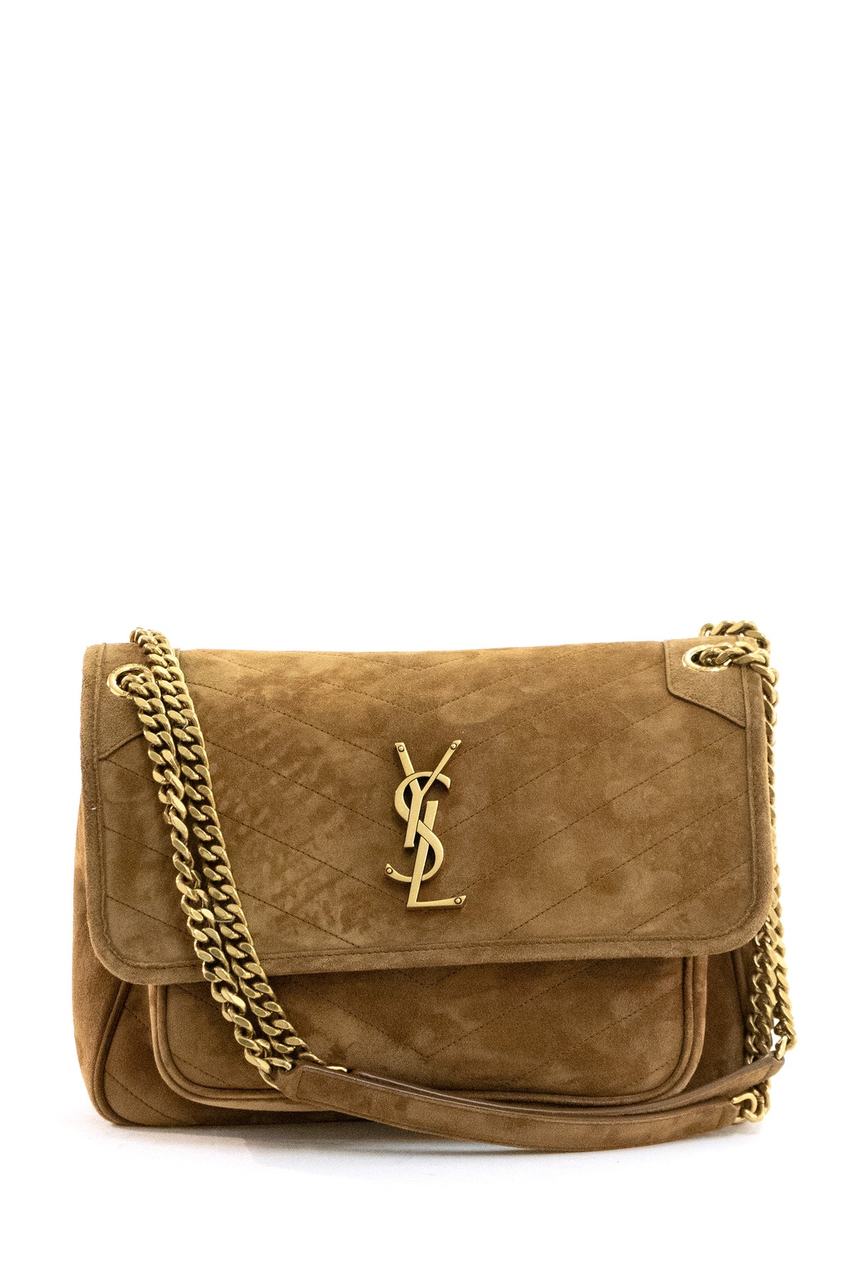 SAINT LAURENT Borsa Niki media in suede di colore cognac, Cammello
