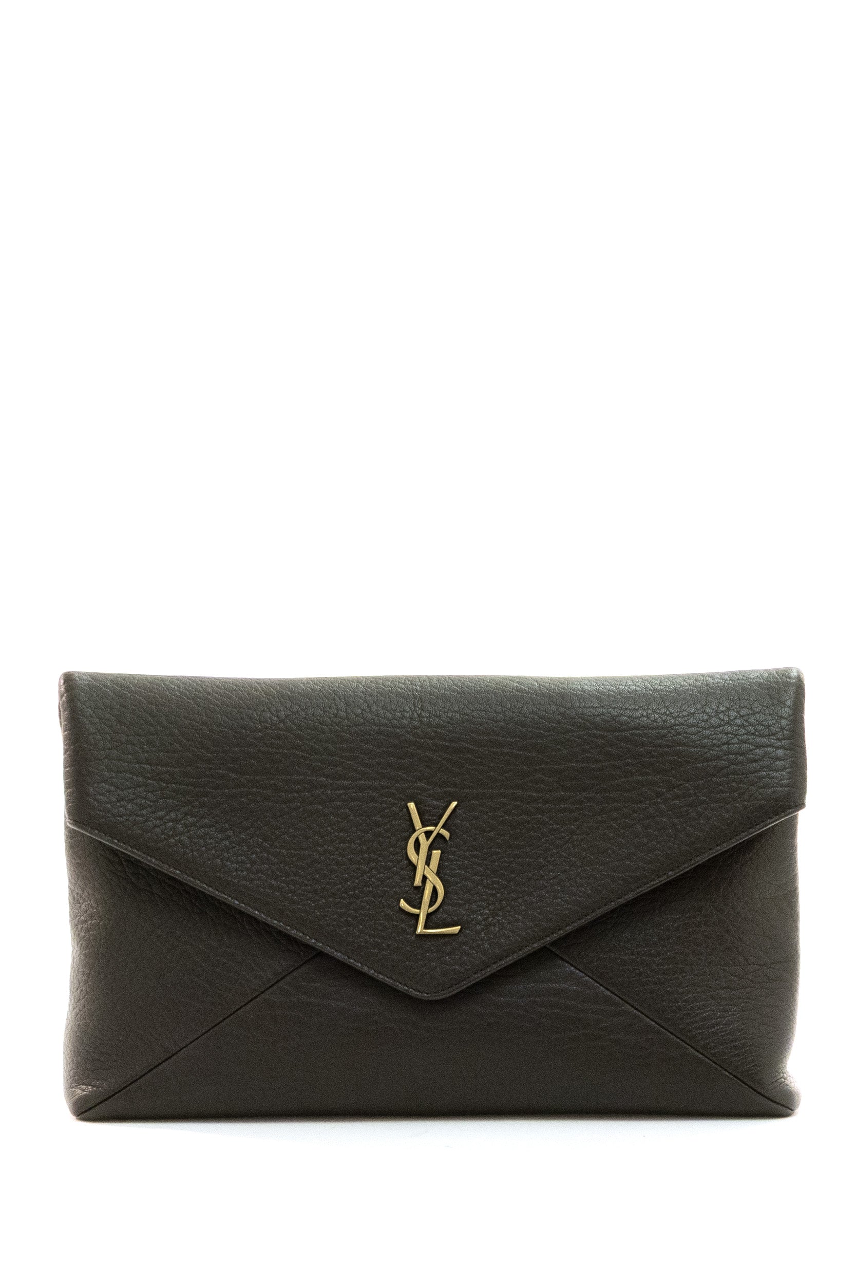 SAINT LAURENT Cassandre Large Envelope Pouch in Leather, Brown