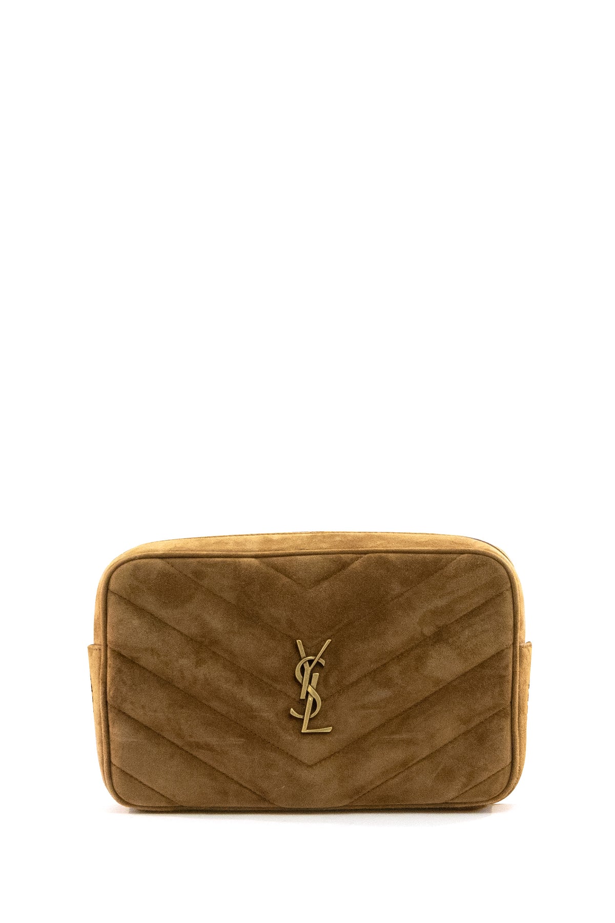 SAINT LAURENT Camera bag Loulou in suede matelassè di colore beige, Cammello