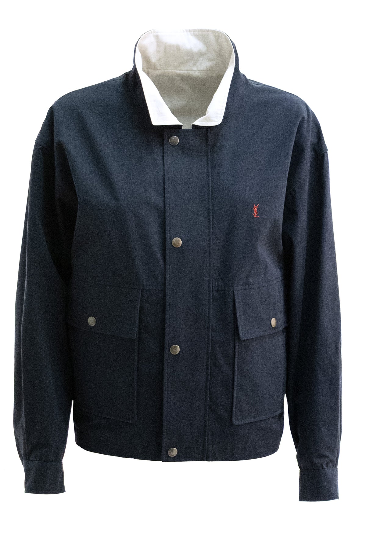 SAINT LAURENT Giacca Reversibile Cassandre in Tela di Cotone Garzato, Blu, vista 2