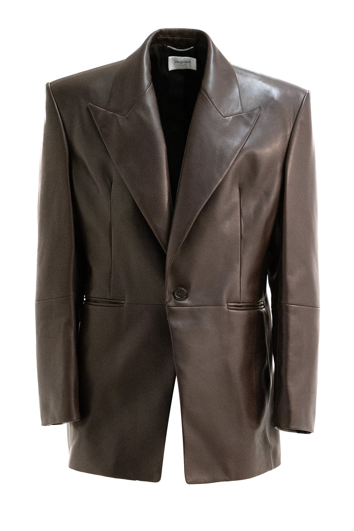SAINT LAURENT Giacca monopetto in pelle di colore marrone