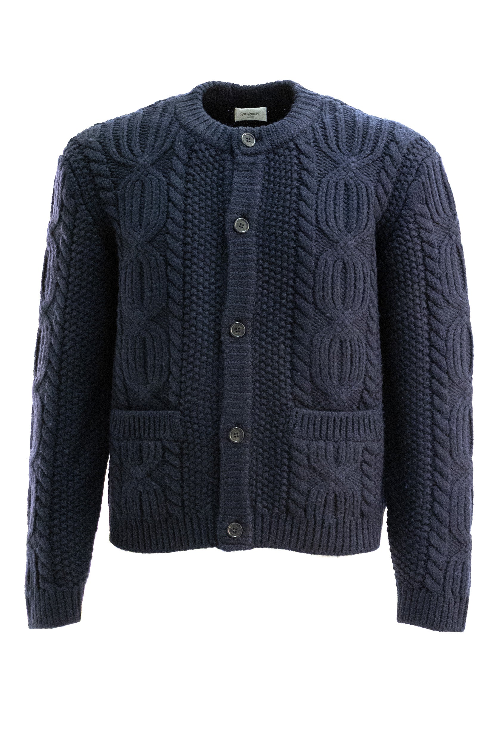 Cardigan in lana a trecce di colore blu<BR/> A003MC Y77OL 4240 SAINT LAURENT