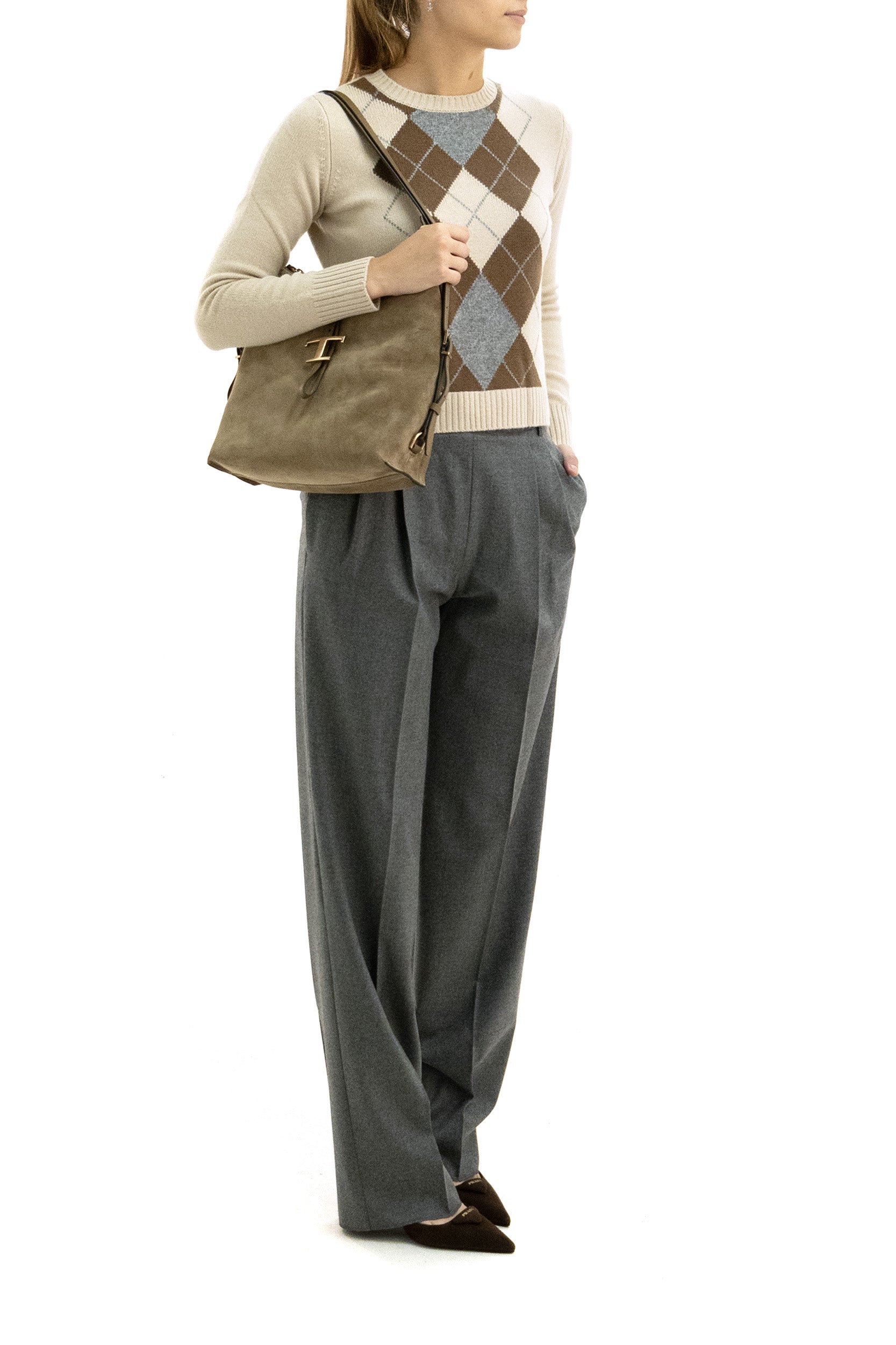 Pullover in lana e cashmere a rombi di colore beige e marrone<BR/> MSTFARAONE 001 STUDIO MAXMARA