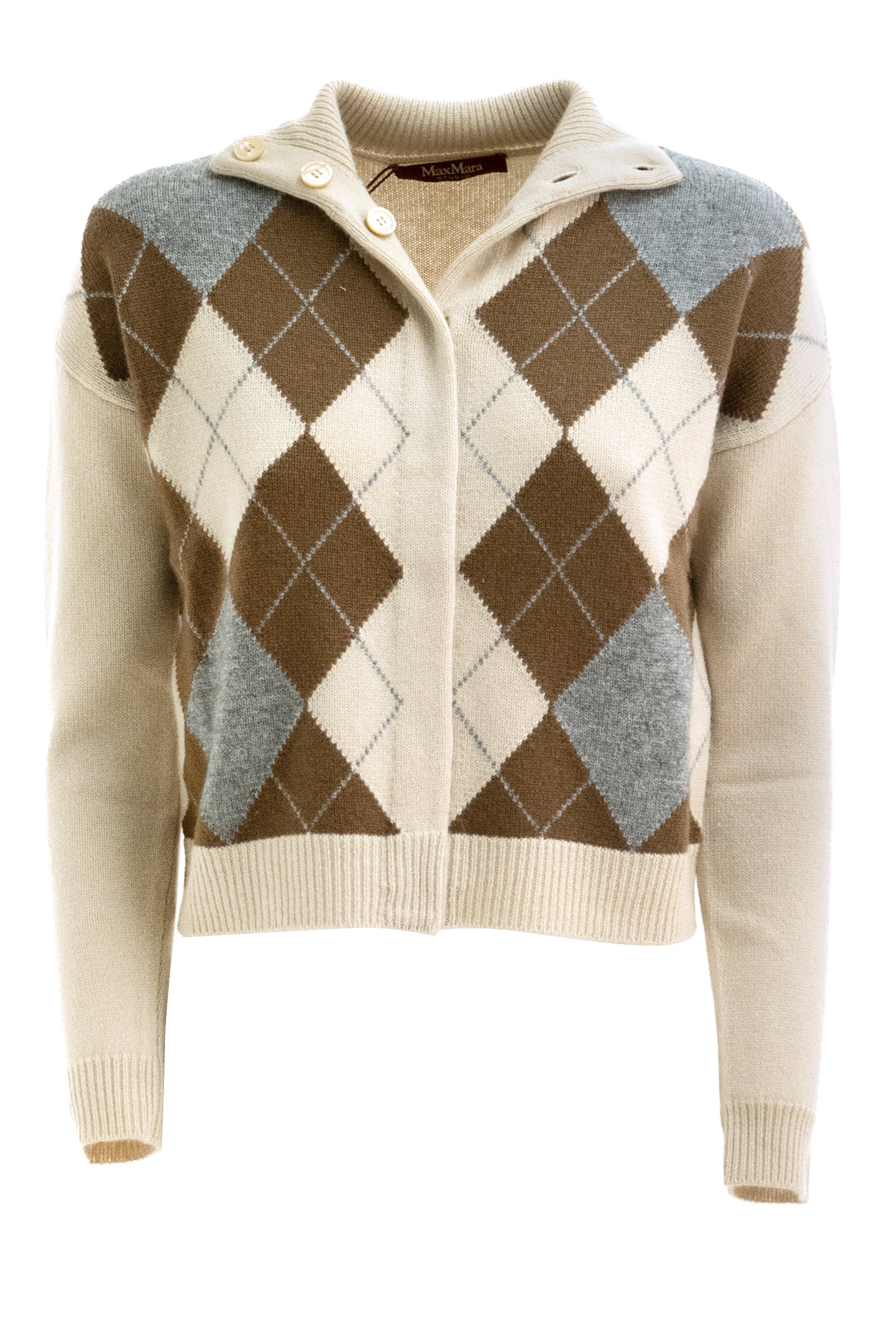 Cardigan in lana e cashmere a rombi di colore beige e marrone<BR/> MSTPACCHE 001 STUDIO MAXMARA
