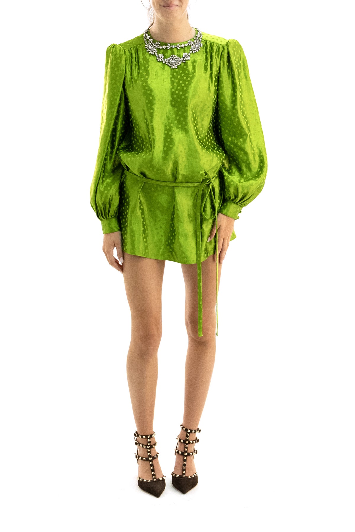 VALENTINO GARAVANI Abito in jacquard di seta e lino di colore verde, vista 2