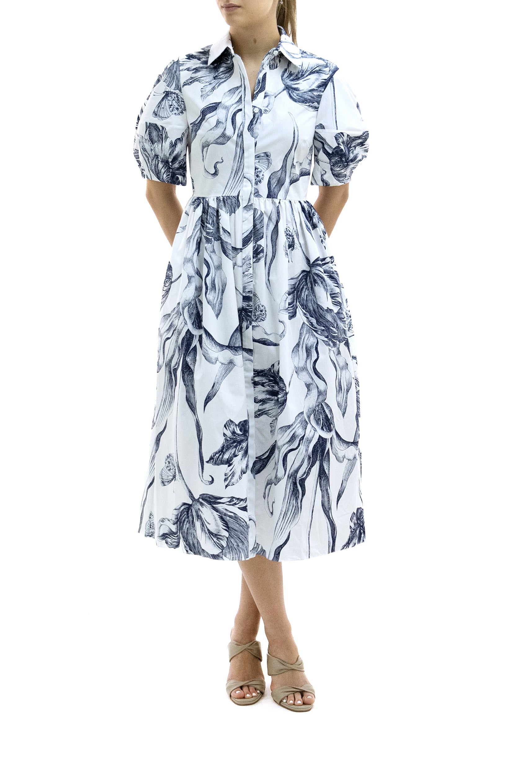 Abito chemisier in cotone di colore bianco con stampa floreale di colore blu<BR/> D19851069002 BOTANICAL IVORY ERDEM