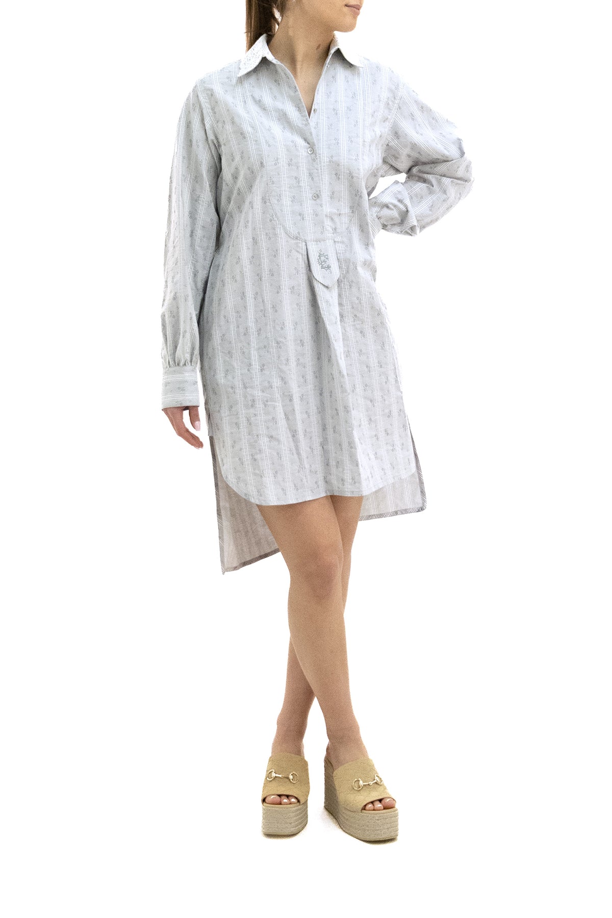 ERDEM Abito chemisier in cotone a righe di colore grigio e bianco, vista 2