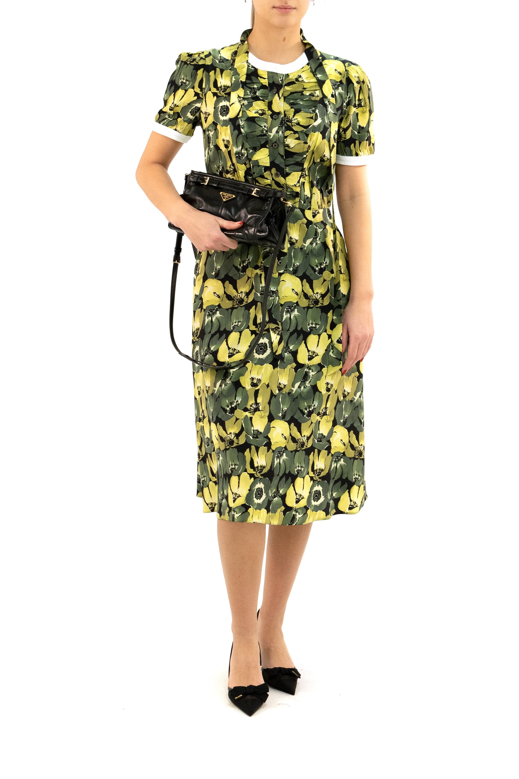 Abito in seta con stampa floreale di colore verde<BR/> P3R40 S OOO 1VSI F0161 PRADA
