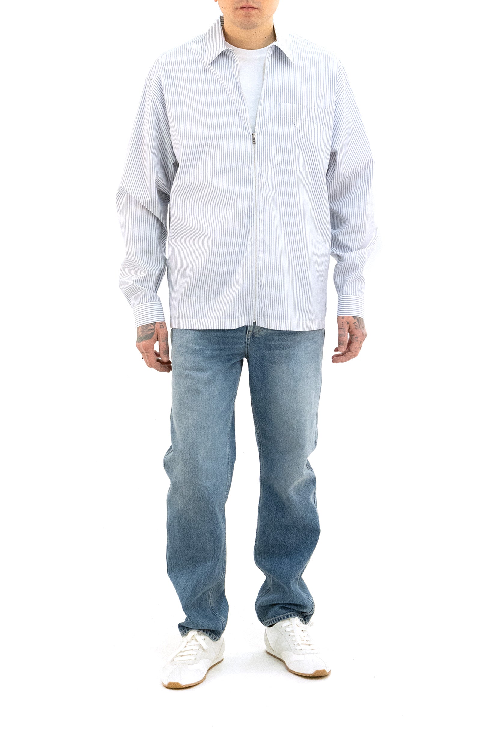 Camicia in popeline a righe di colore bianco e blu <BR/> SC855 S OOO 189F F022X PRADA